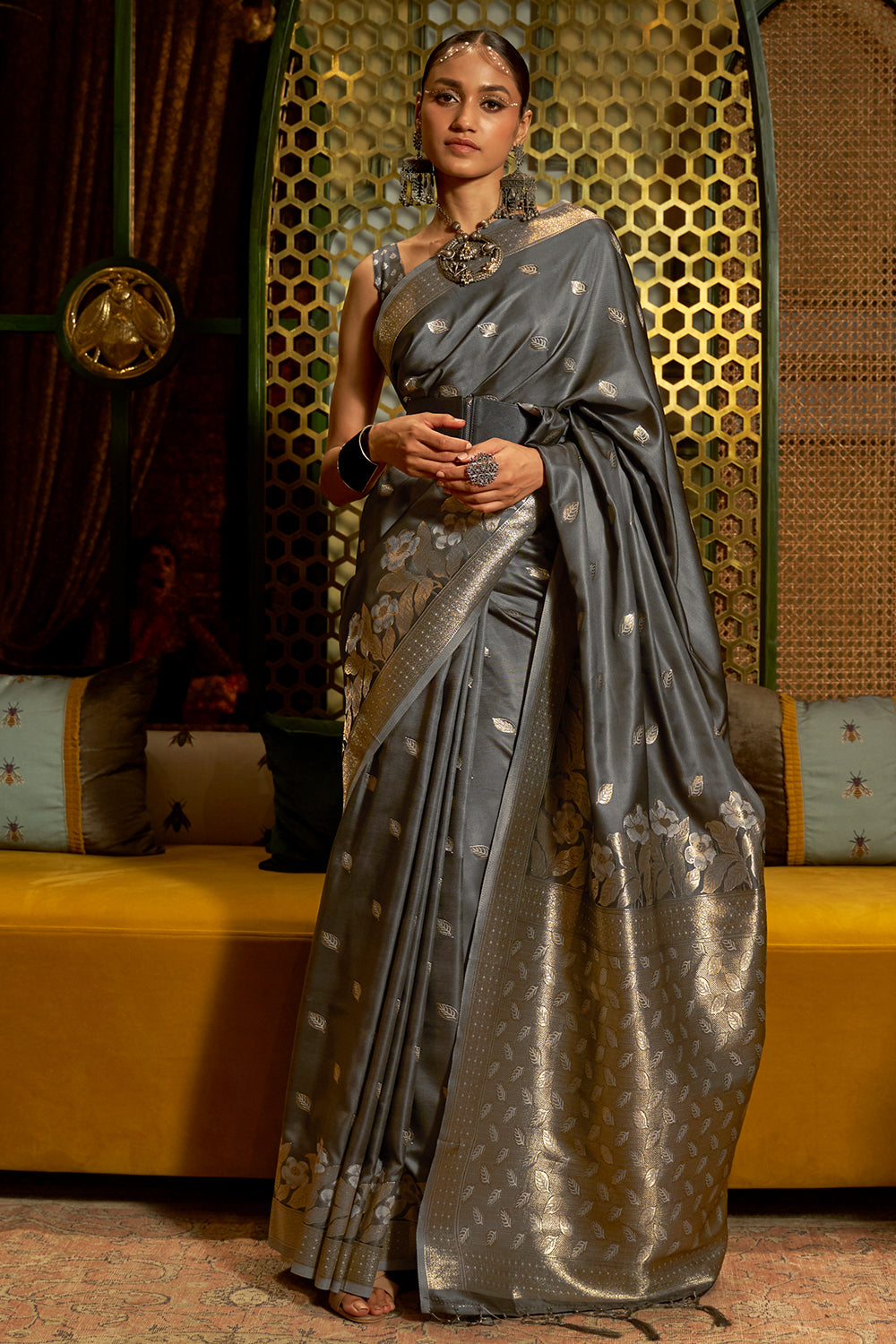 Buy Ocean Blue Satin Banarasi Silk Saree With Blouse Piece Nitaraa