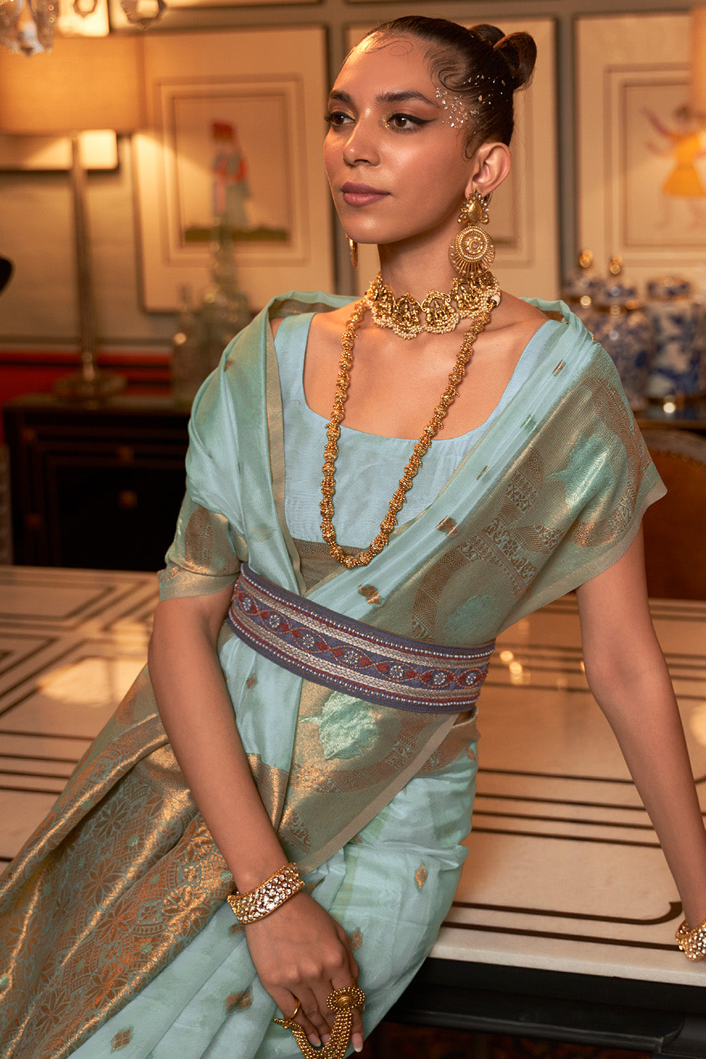 Buy Yellow And Green Raw Silk Saree Nitaraa