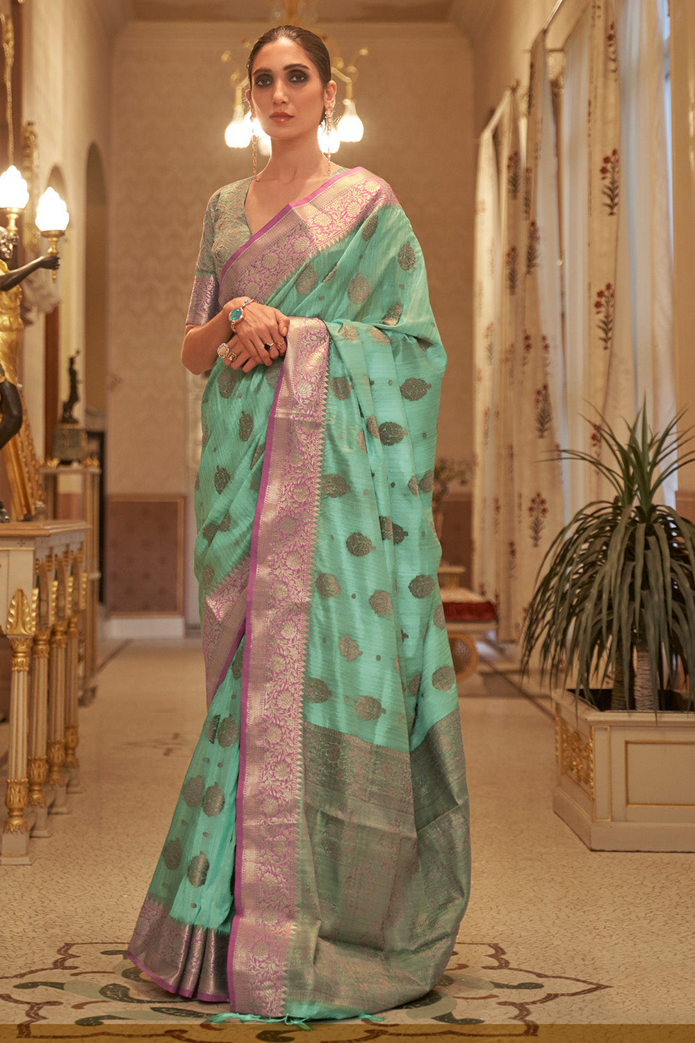 Buy Powder White And Blue Banarasi Silk Saree Nitaraa