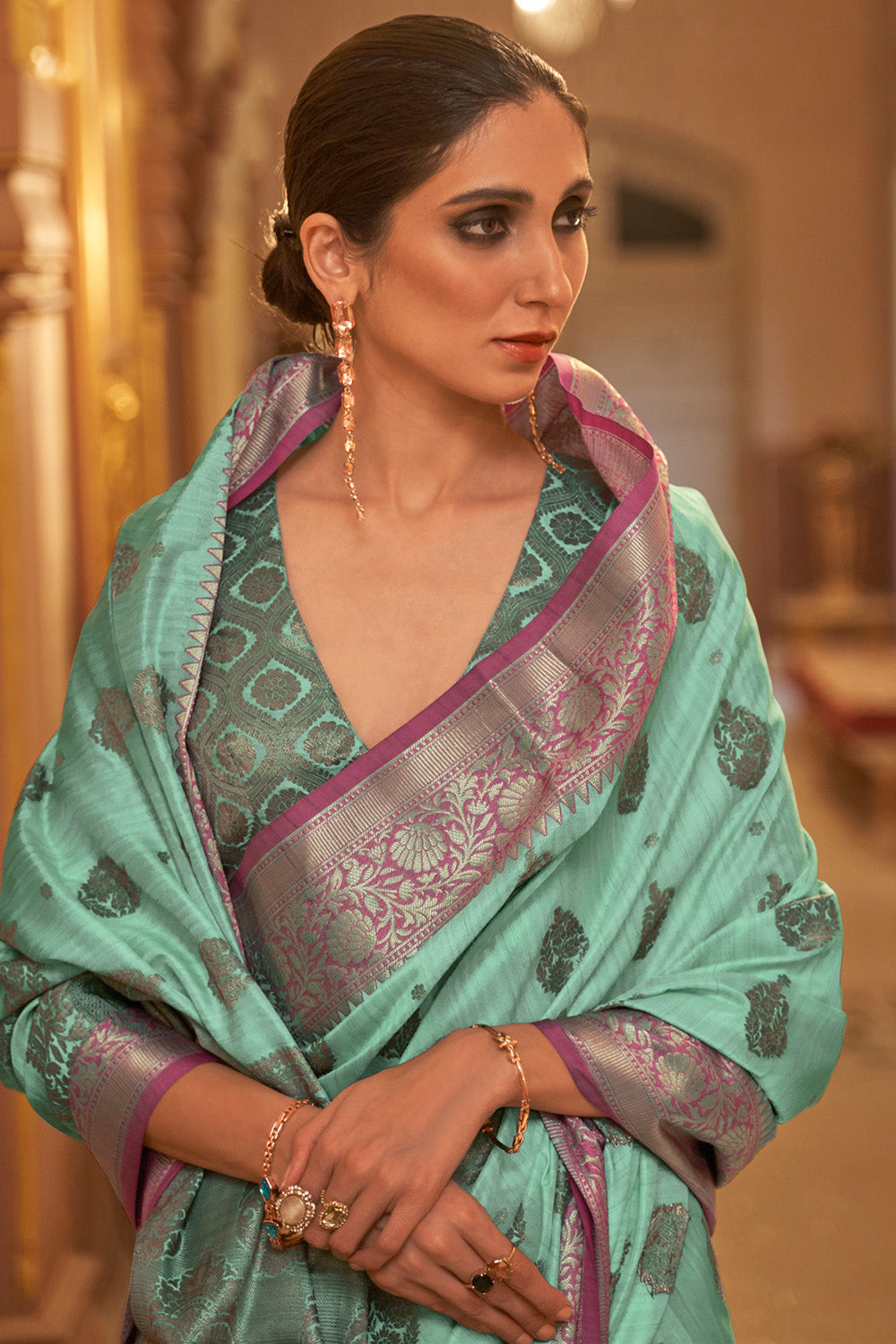 Buy Light Blue And Pink Banarasi Silk Saree Nitaraa