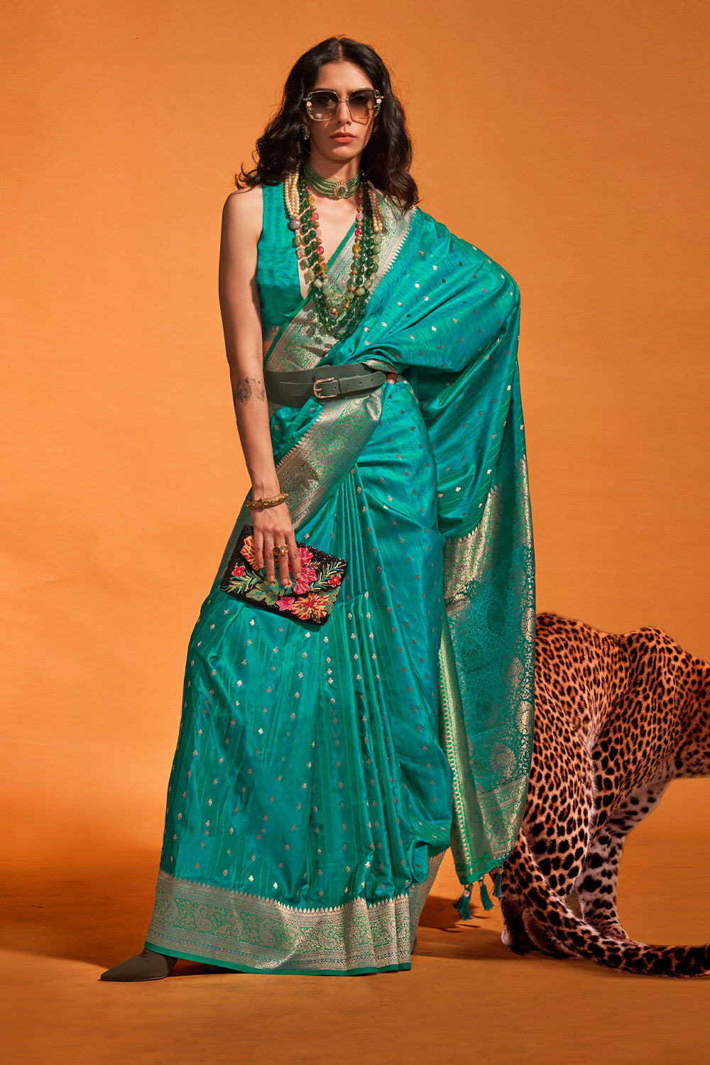 Ocean Blue Satin Banarasi Silk Saree With Blouse Piece