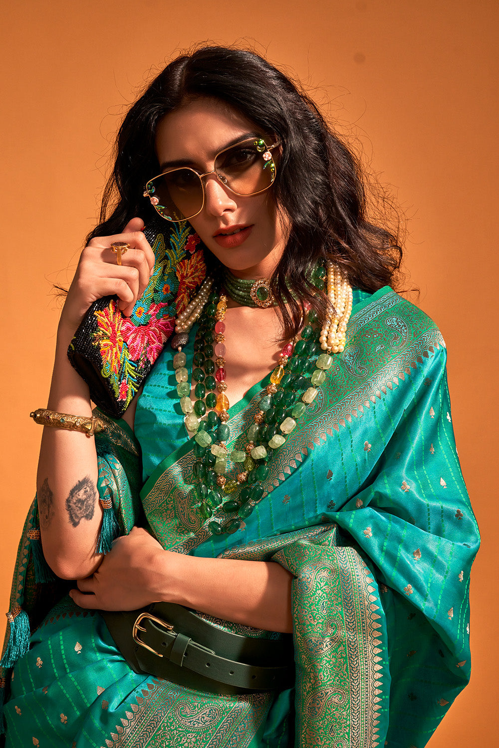 Ocean Blue Satin Banarasi Silk Saree With Blouse Piece