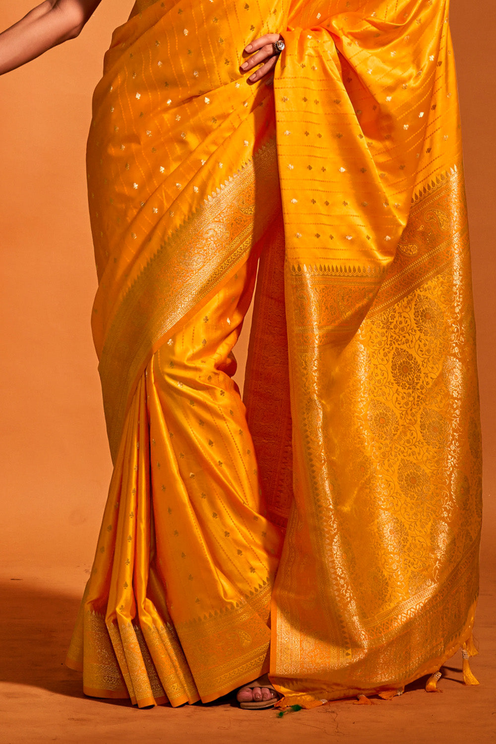 Yellow Satin Banarasi Silk Saree With Blouse Piece