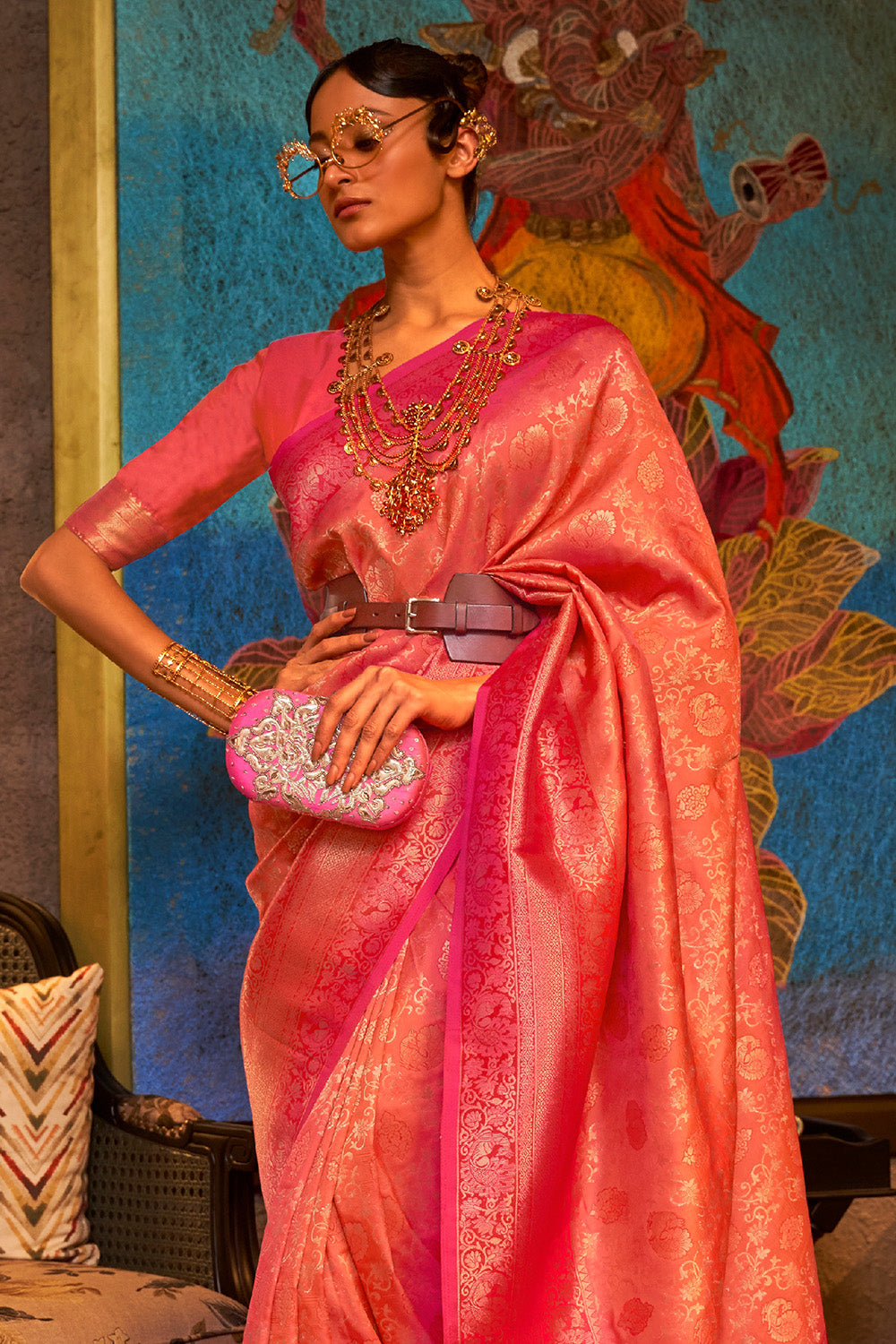 Buy Coral Pink Organza Saree Nitaraa