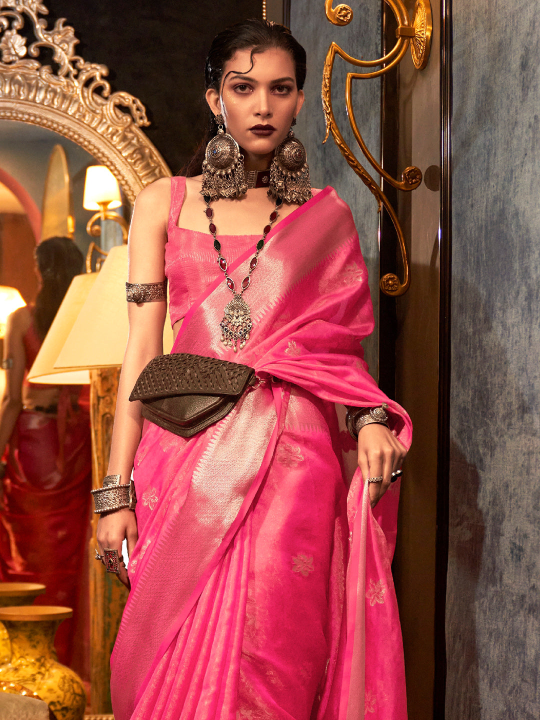 Watermelon Pink Organza Saree