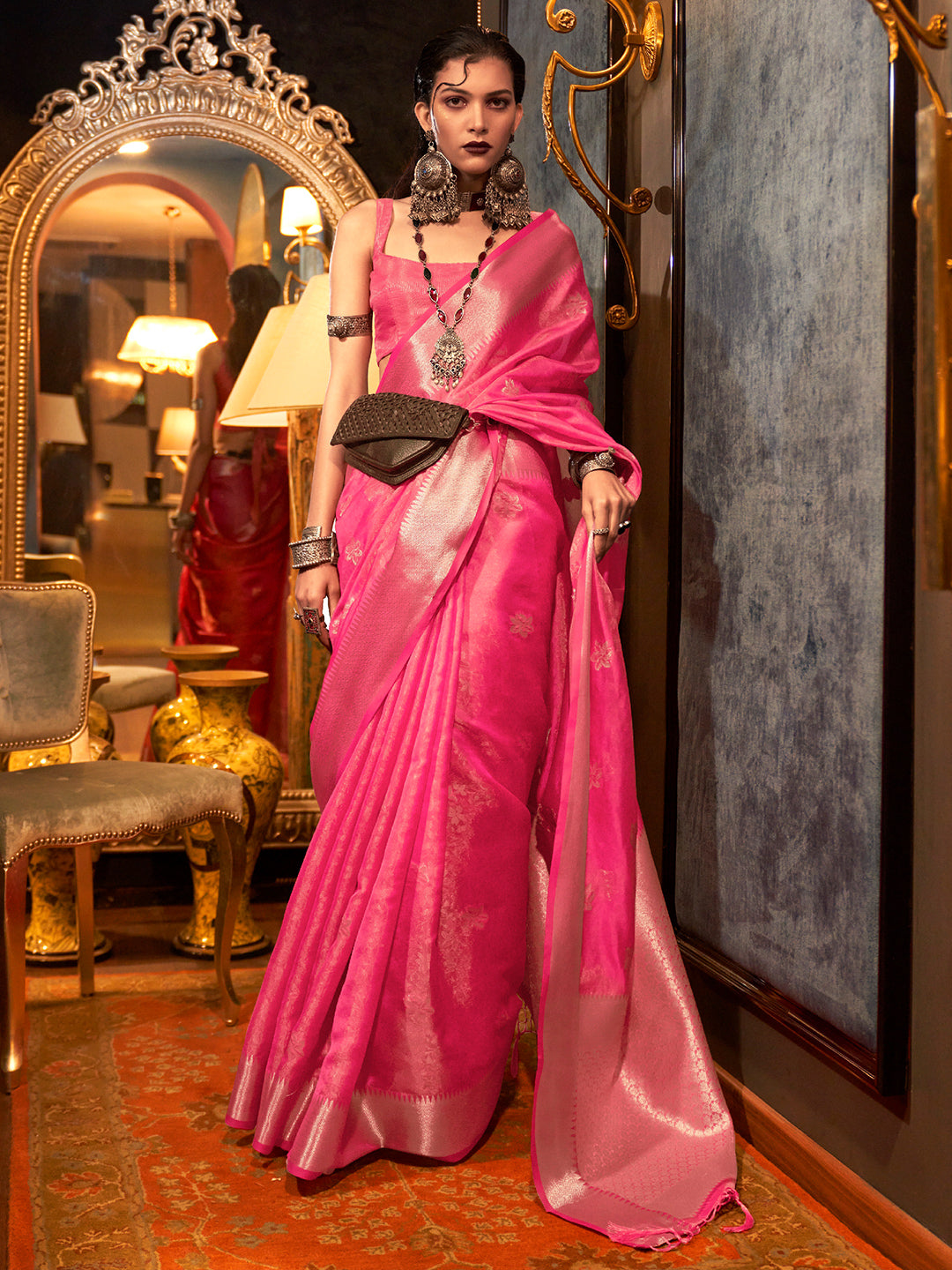 Watermelon Pink Organza Saree