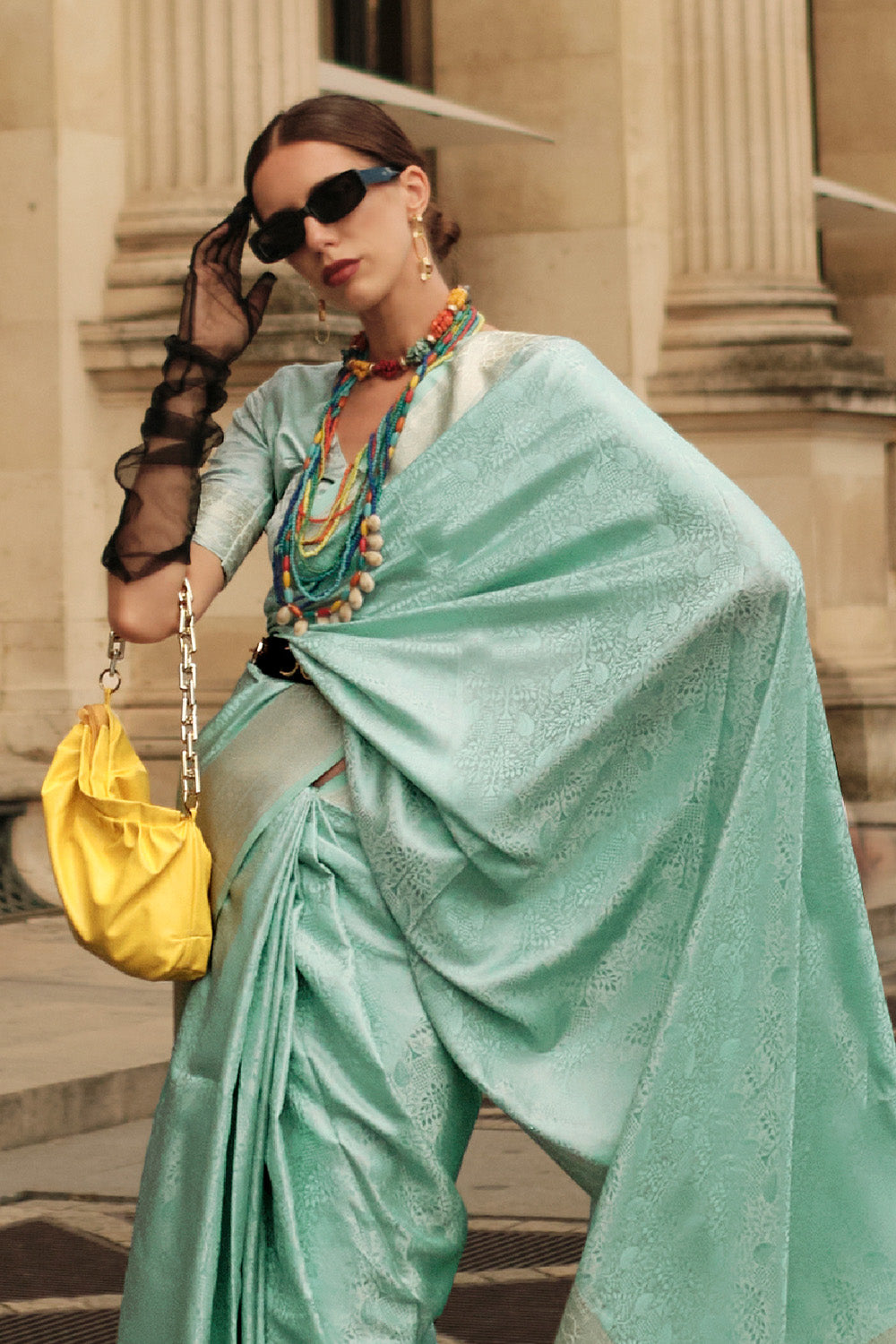 Green Satin Silk Saree With Blouse Piece