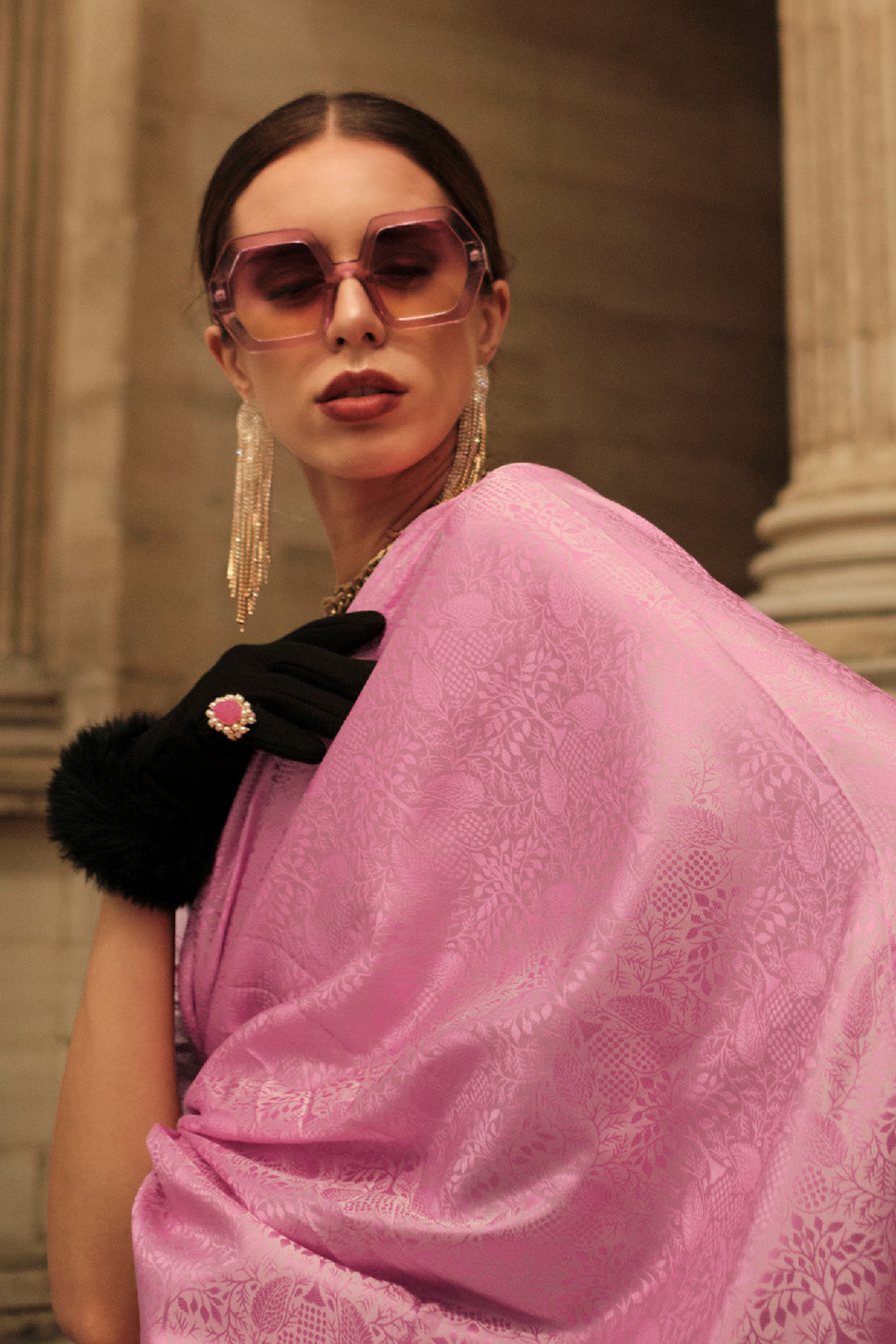 Pink Satin Silk Saree With Blouse Piece