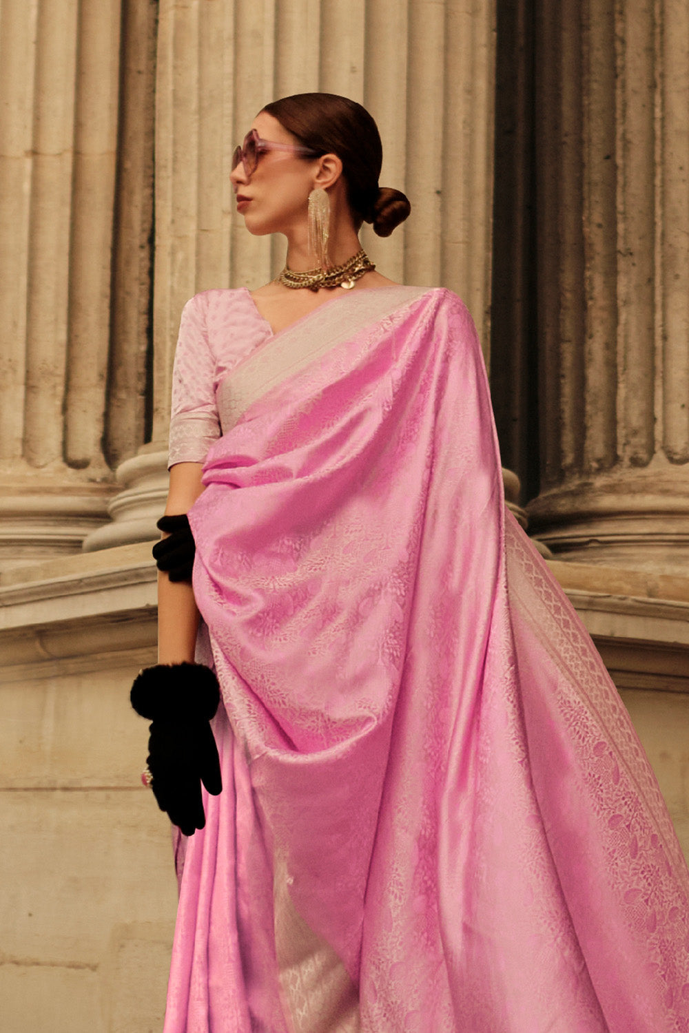 Pink Satin Silk Saree With Blouse Piece