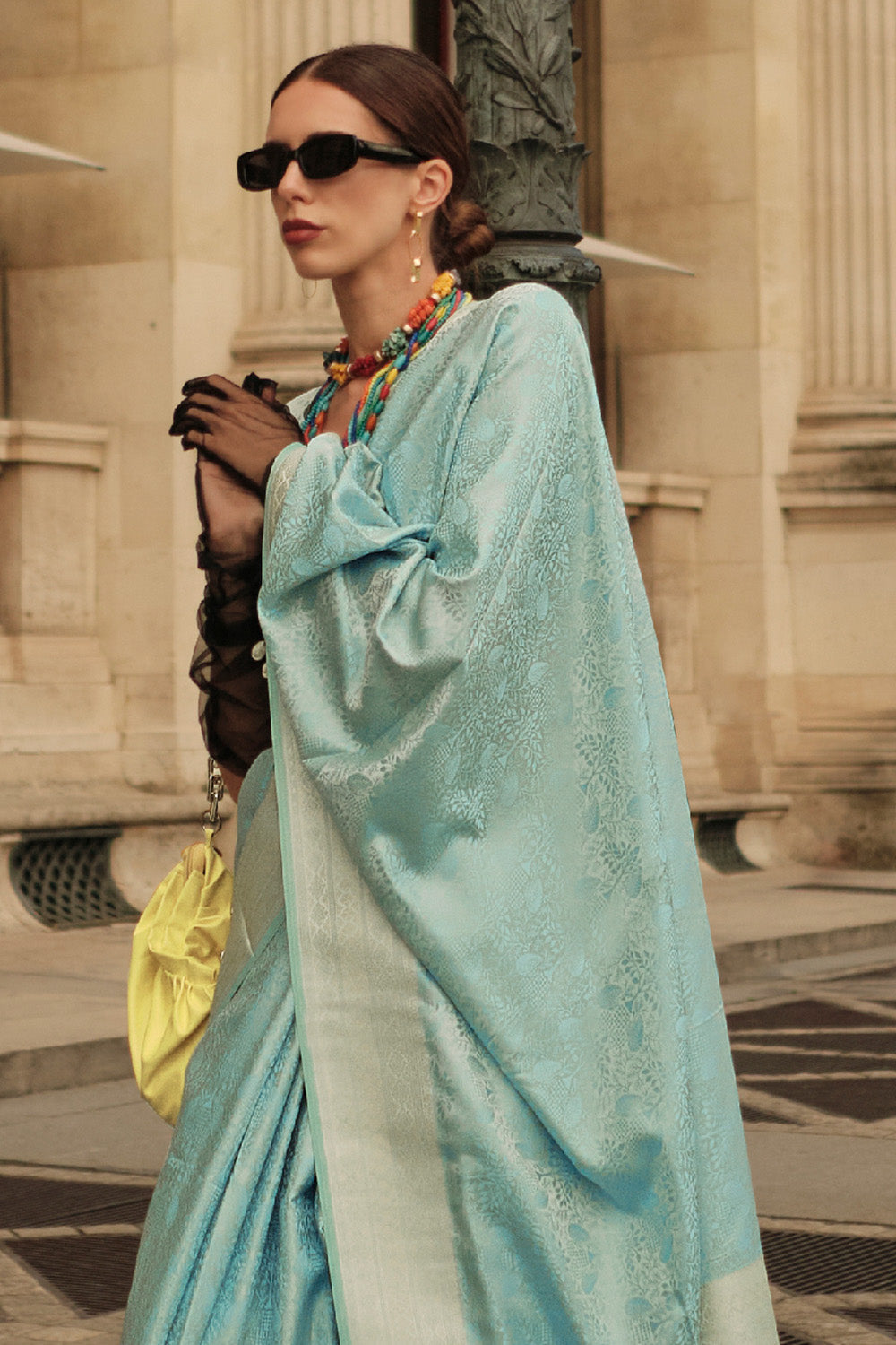 Blue Satin Silk Saree With Blouse Piece