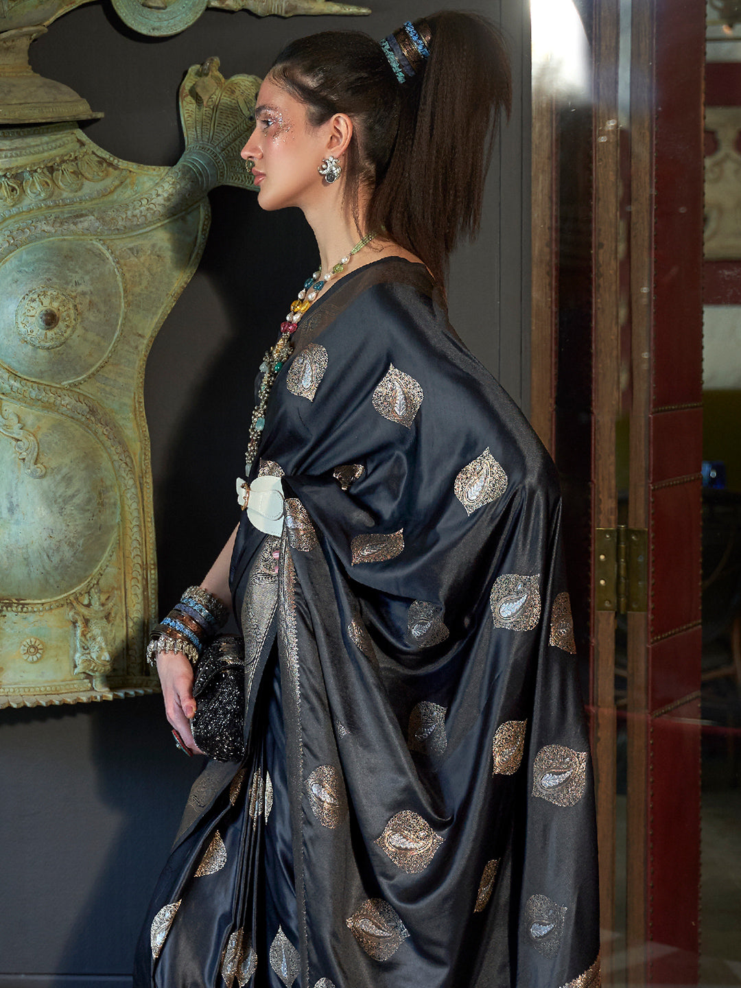 Shiny Black Banarasi Saree