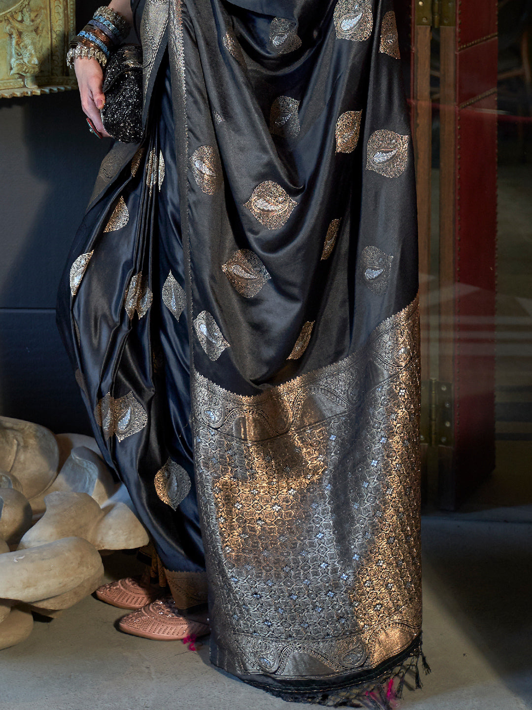 Shiny Black Banarasi Saree