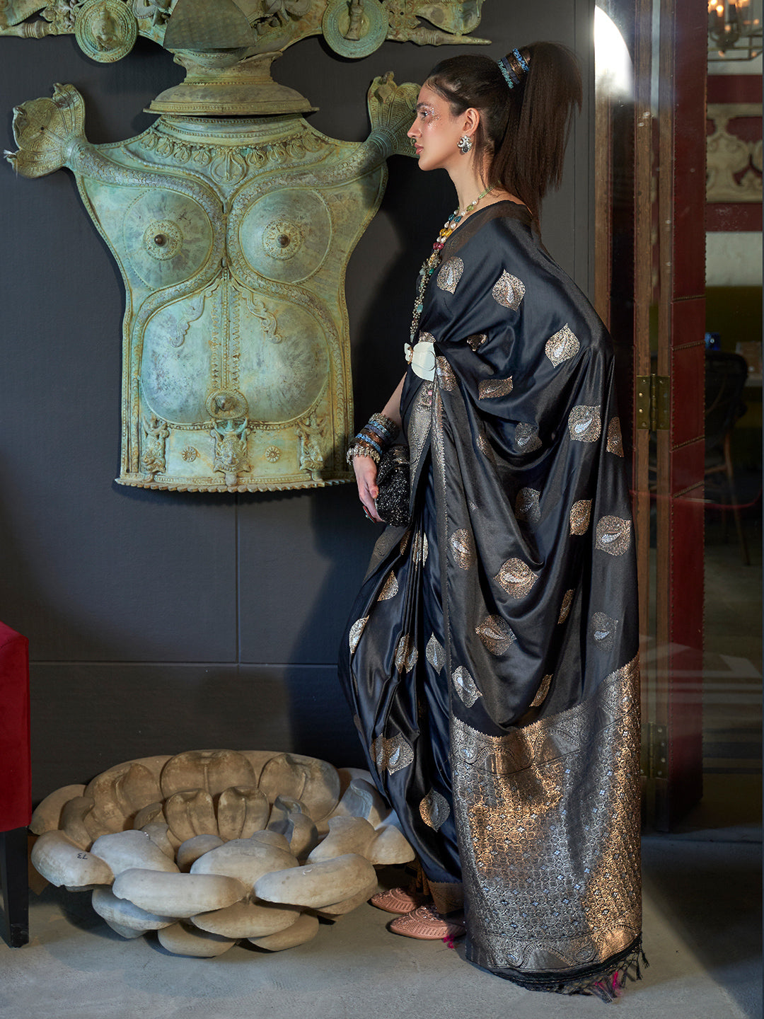 Shiny Black Banarasi Saree