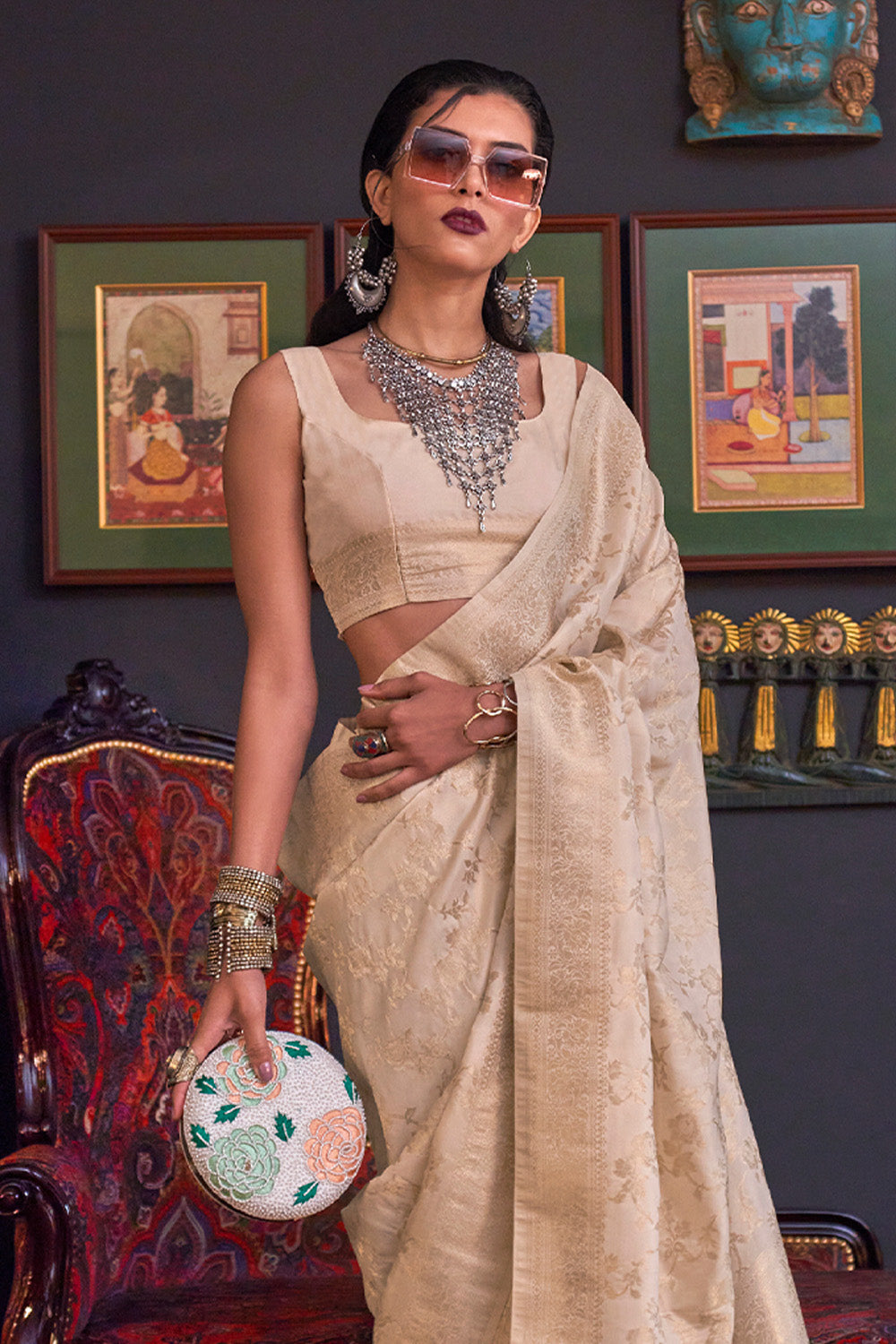 Cream Katan Habutai Silk Saree With Blouse Piece