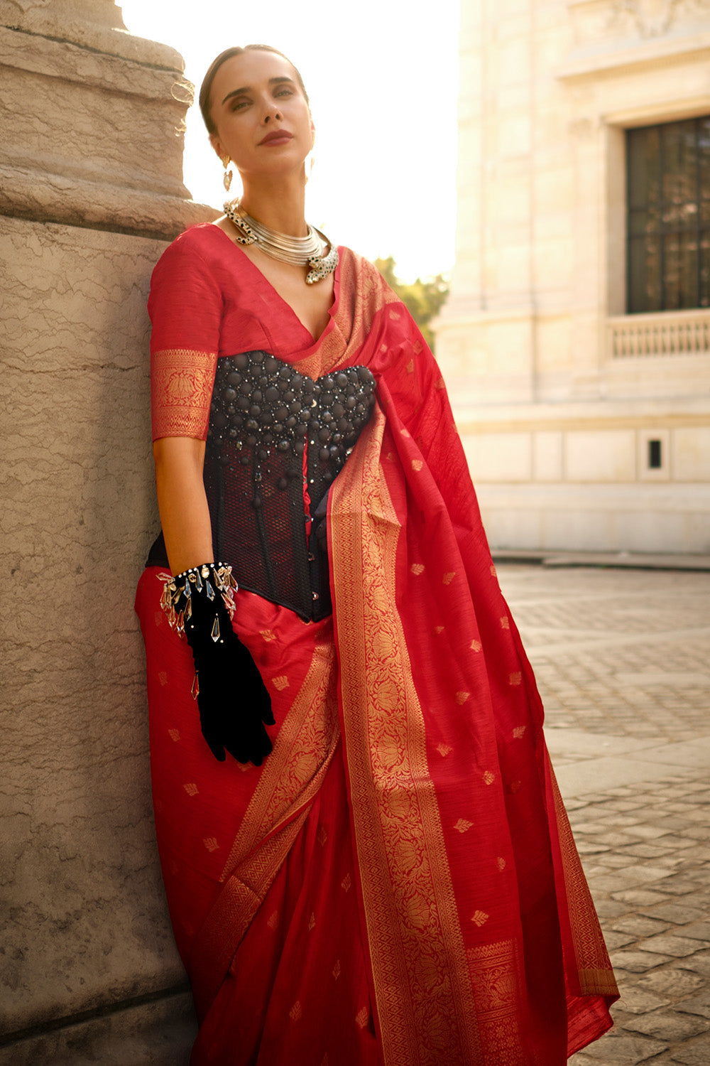 Red Banarasi Silk Saree With Blouse Piece