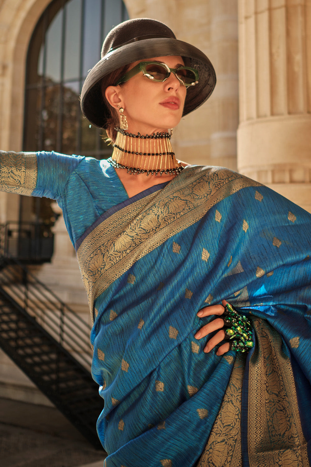 Blue Banarasi Silk Saree With Blouse Piece
