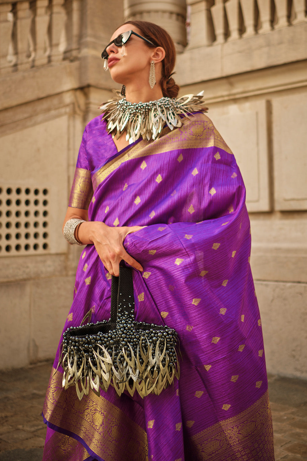 Purple Banarasi Silk Saree With Blouse Piece