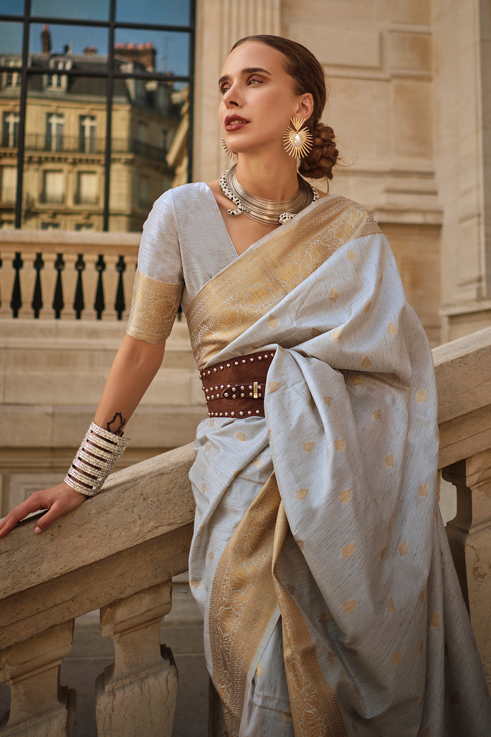 Grey Banarasi Silk Saree With Blouse Piece