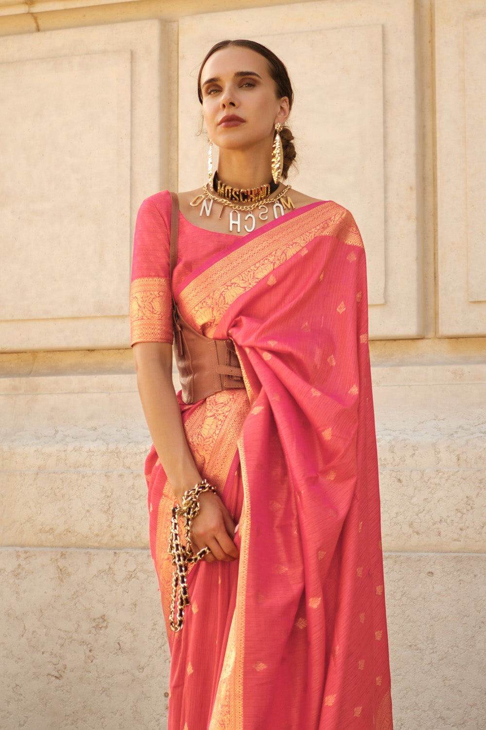 Baby Pink Banarasi Silk Saree With Blouse Piece