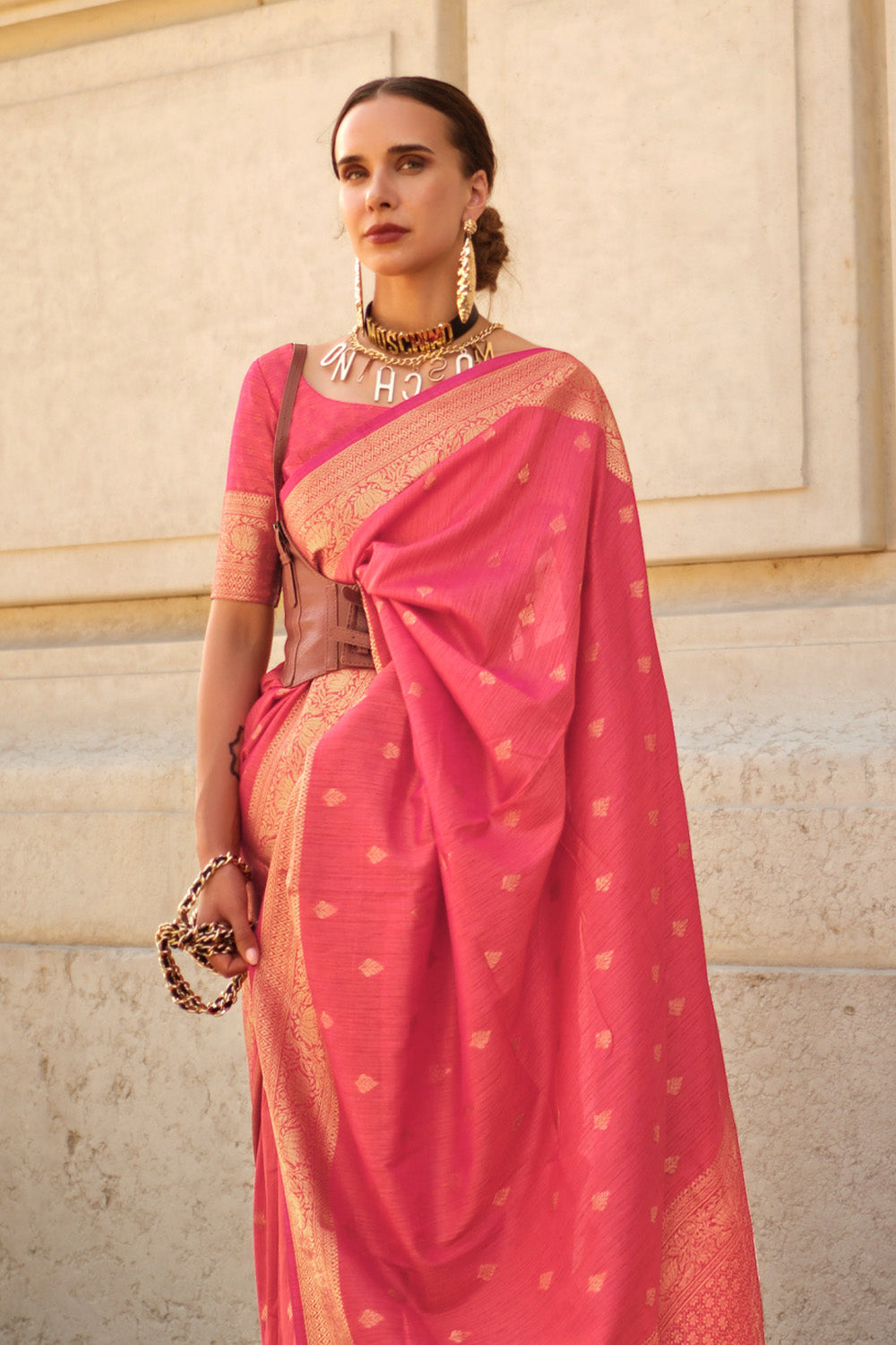 Baby Pink Banarasi Silk Saree With Blouse Piece