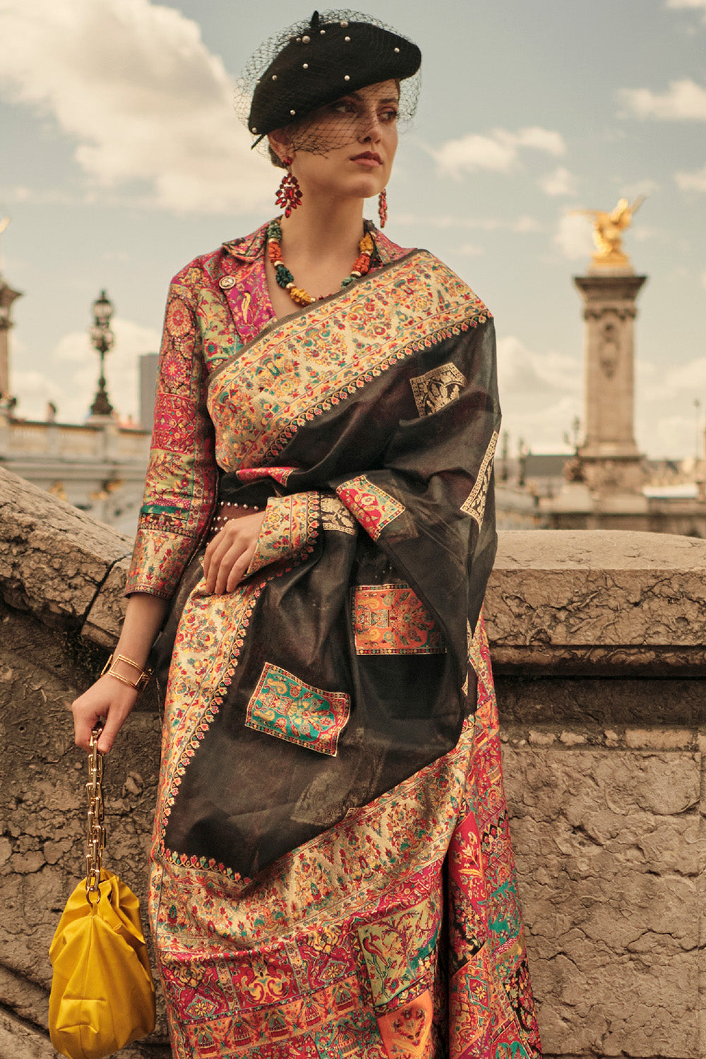 Black Kashmiri Silk Saree With Blouse Piece