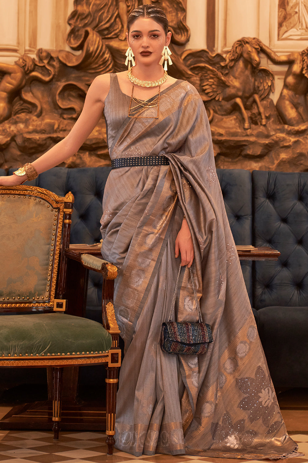 Buy Blue Silk Blend Saree Nitaraa