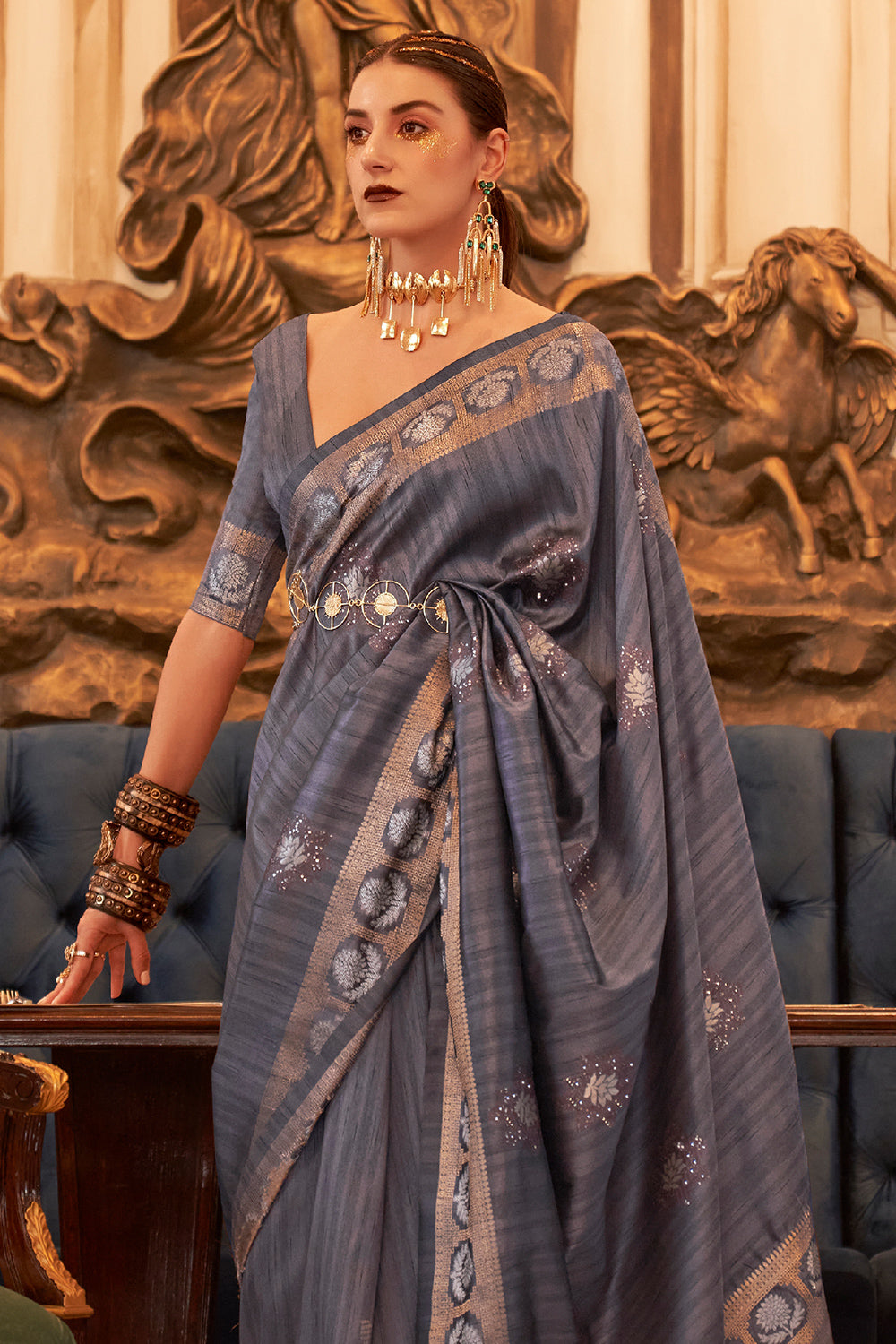 Buy Blue Tussar Silk Blend Saree Nitaraa