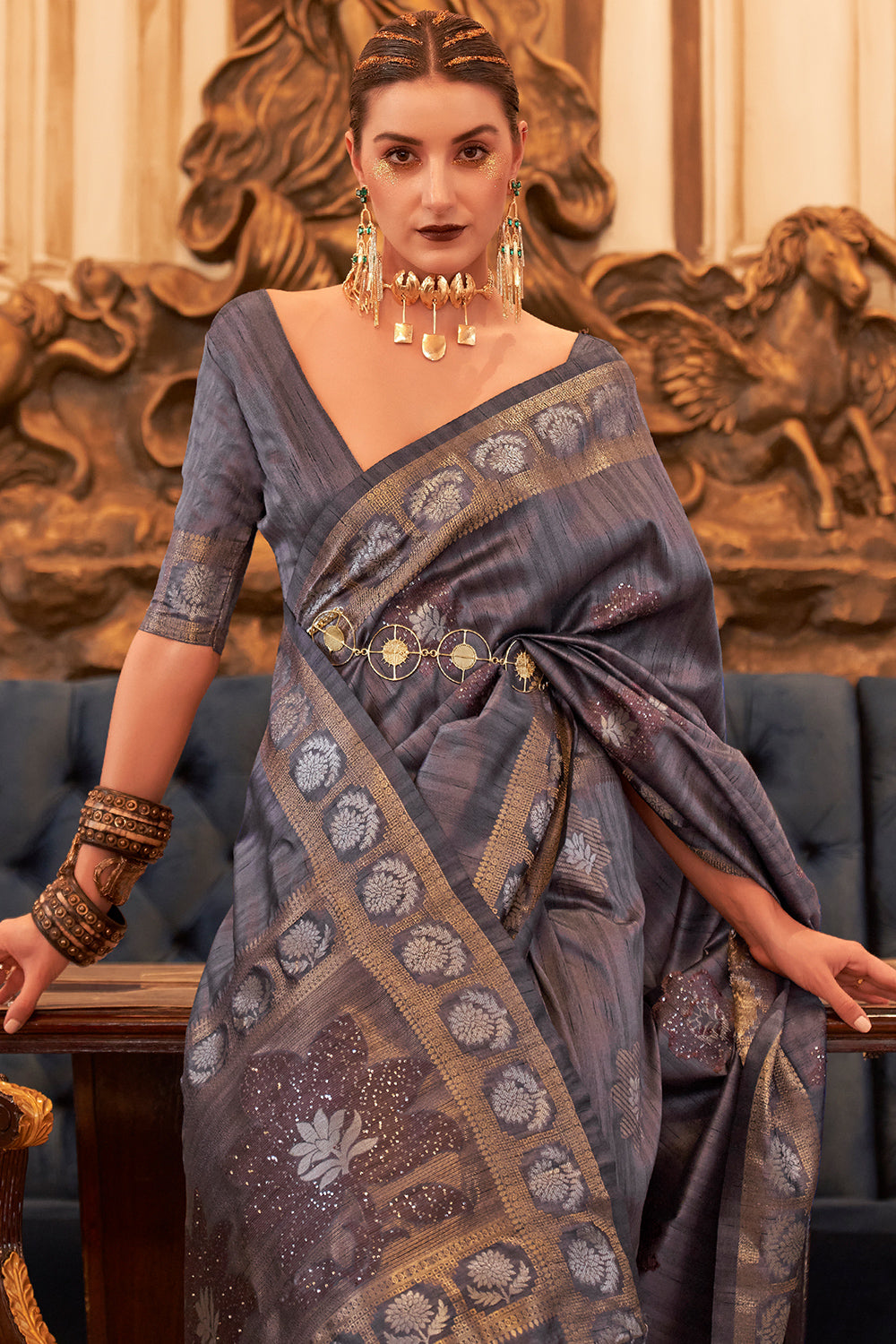 Buy Teal Tussar Silk Blend Saree Nitaraa