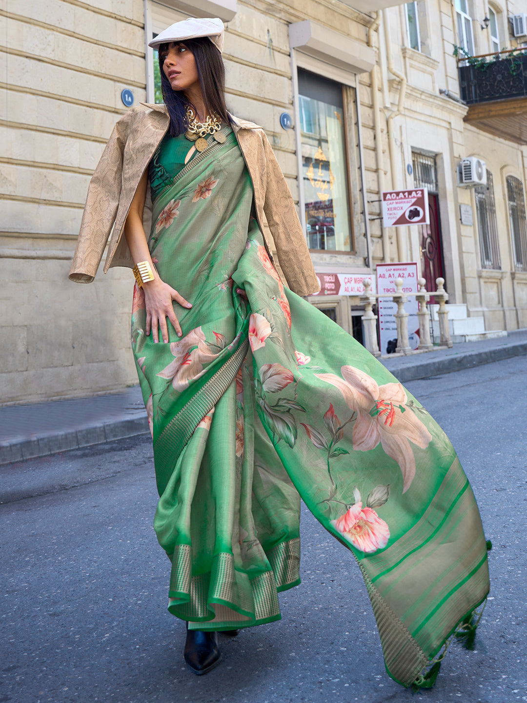 Pastel Green Digital Organza saree