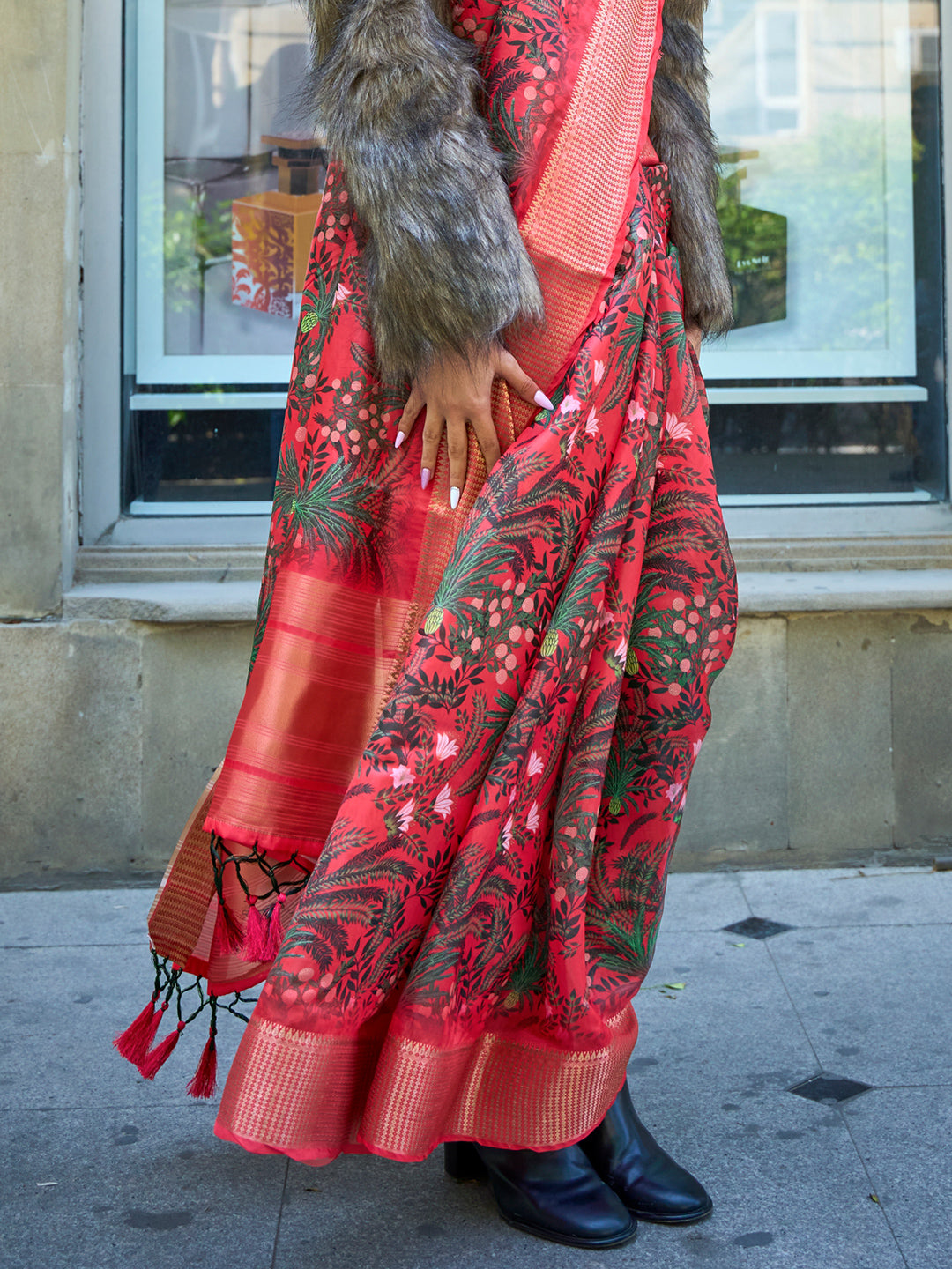 Taffy Red Digital Organza saree