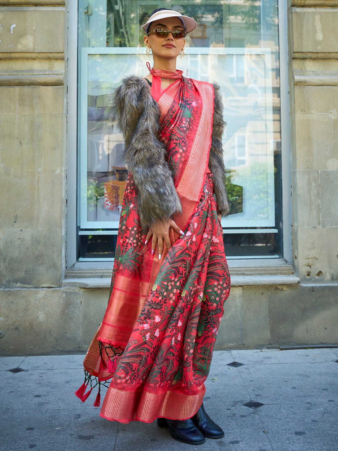 Taffy Red Digital Organza saree