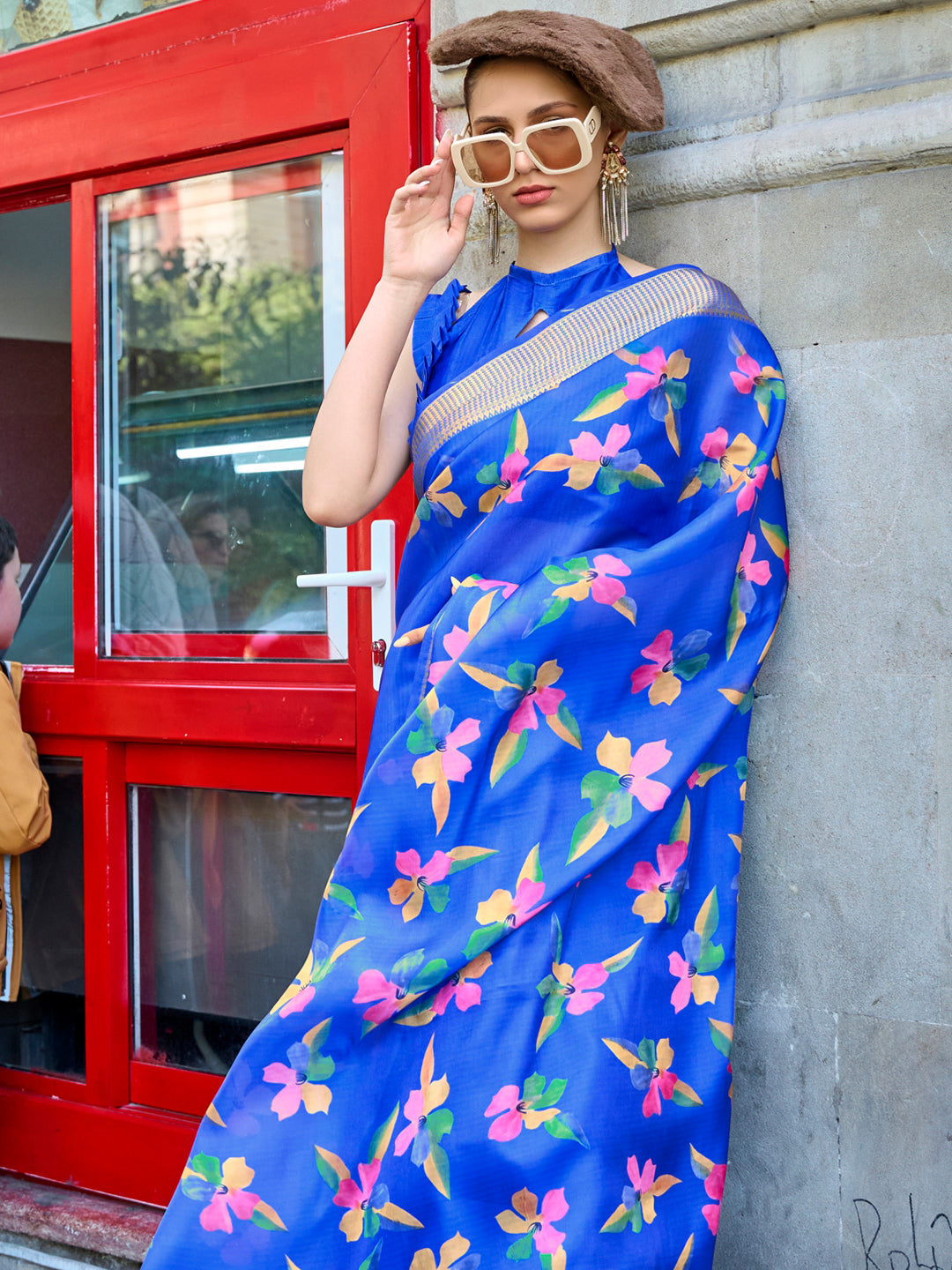 Light Blue Digital Organza saree