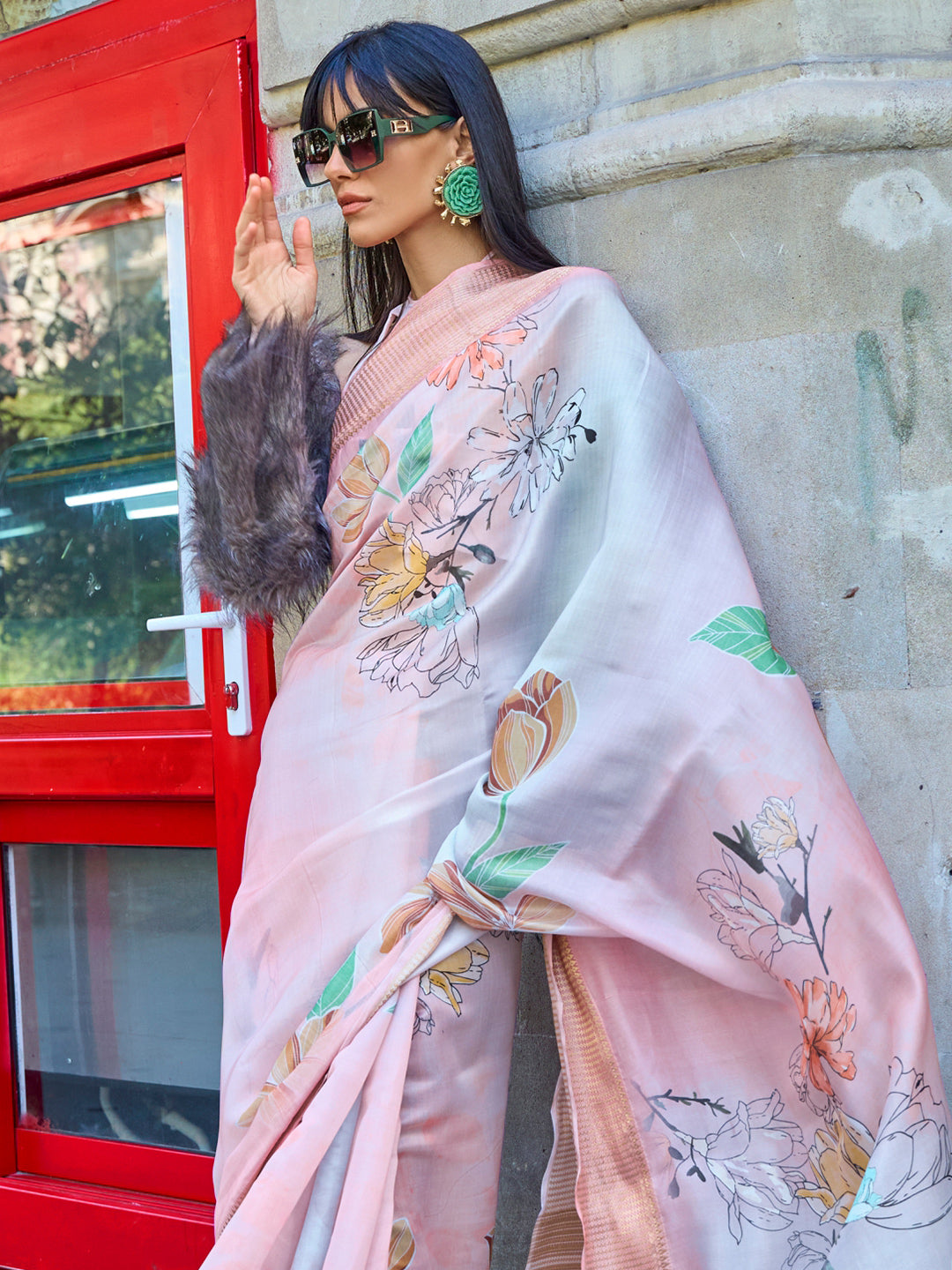 White And Beige Digital Organza saree