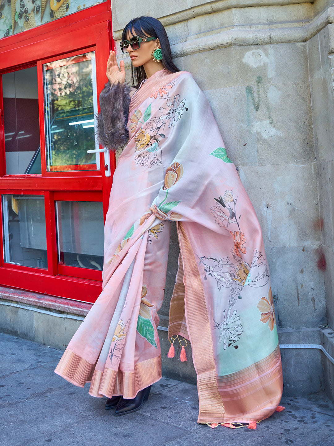 White And Beige Digital Organza saree