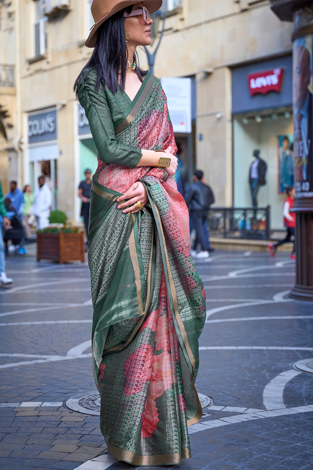 Green And Pink Poly Viscose Saree