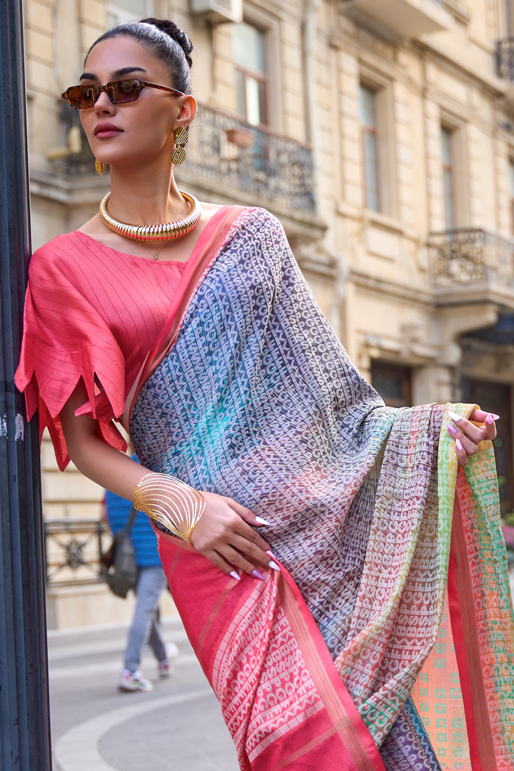 Grey And Pink Poly Viscose Saree