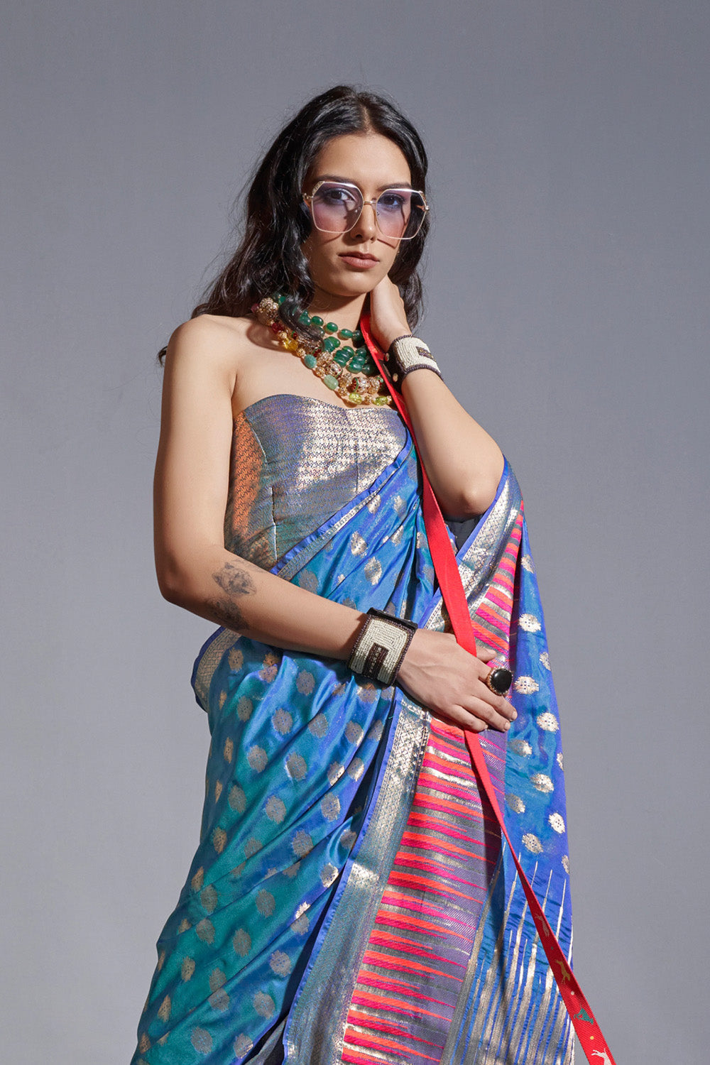 Blue Banarasi Silk Saree With Blouse Piece