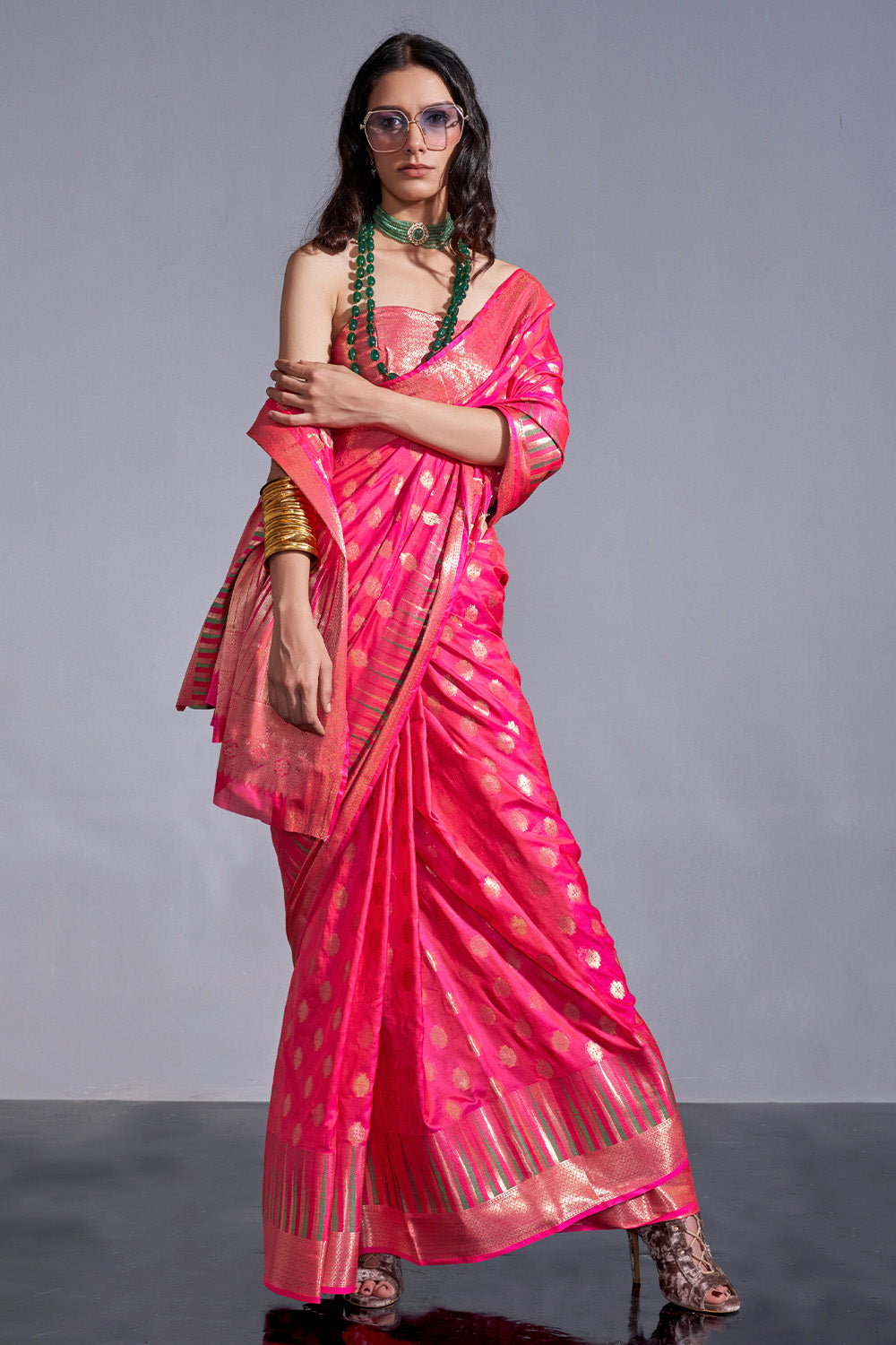 Pink Banarasi Silk Saree With Blouse Piece
