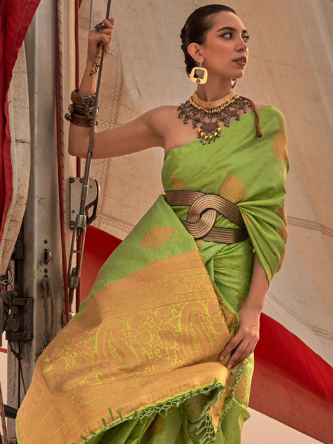 Slime Green Satin Saree