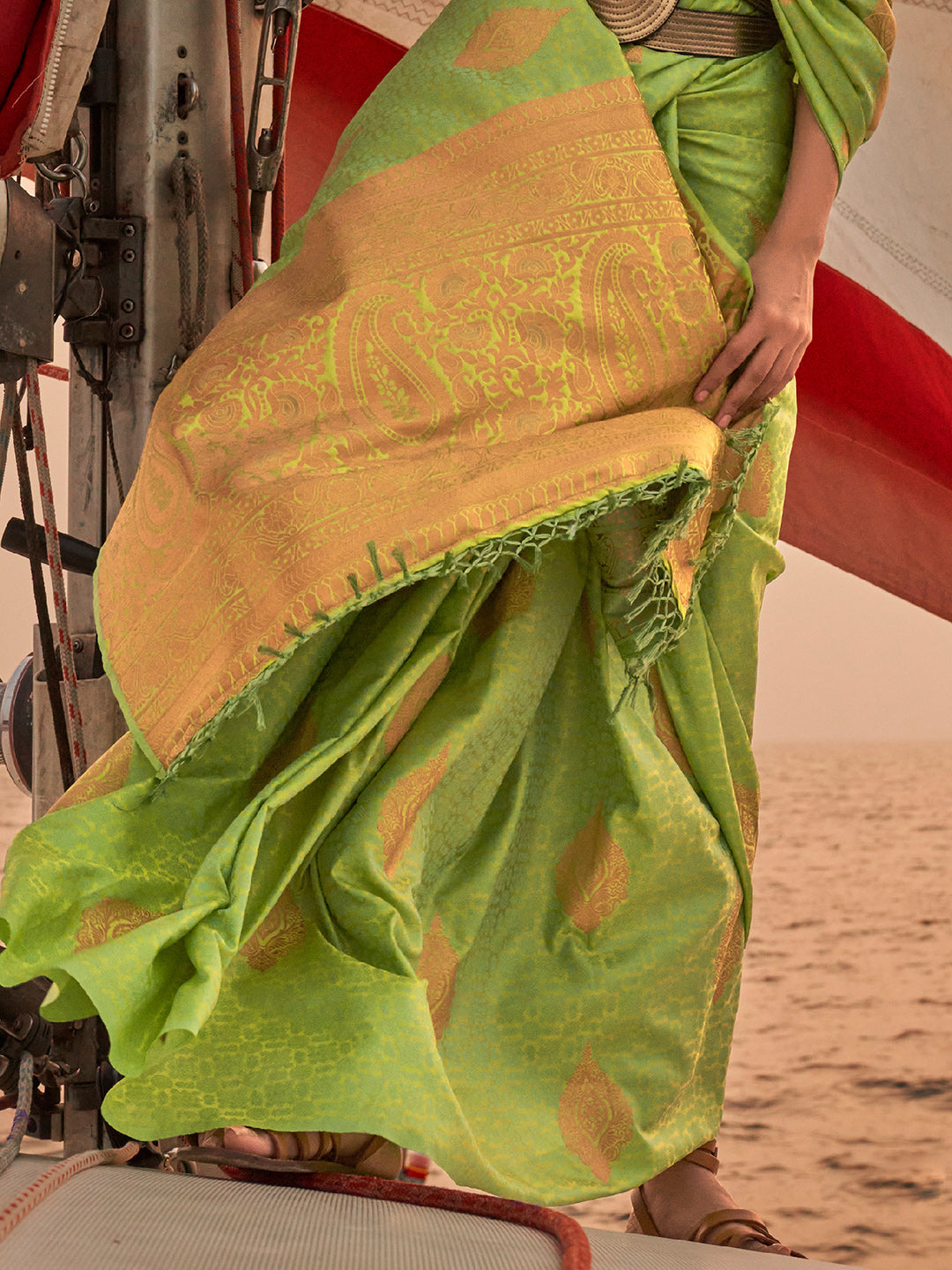 Slime Green Satin Saree