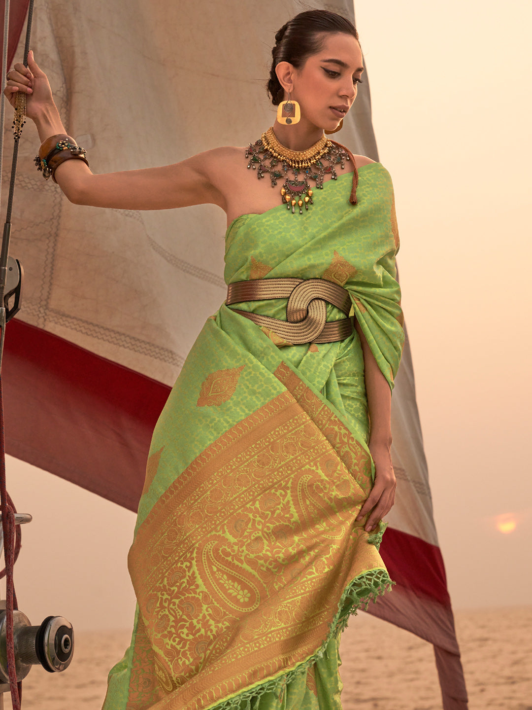 Slime Green Satin Saree