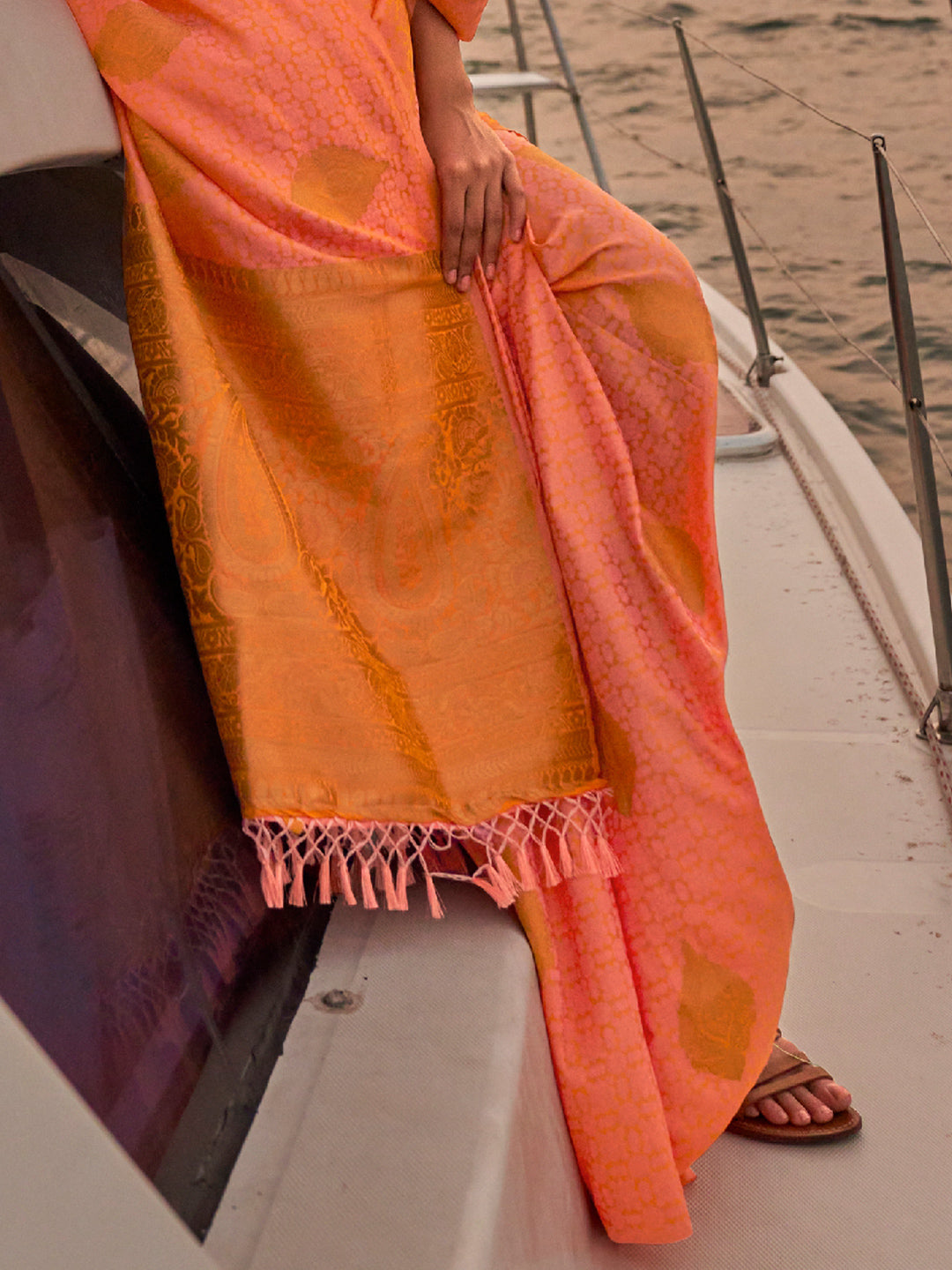 Coral Orange Satin Saree