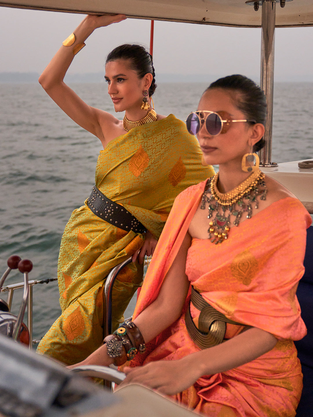 Coral Orange Satin Saree