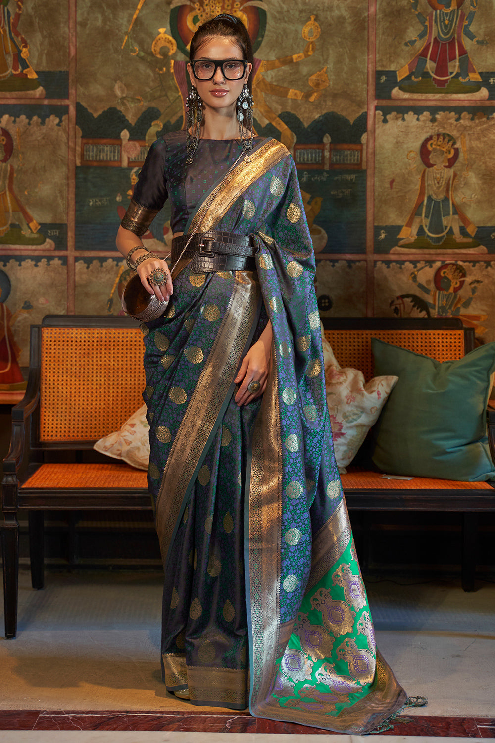 Pine Blue Satin Saree