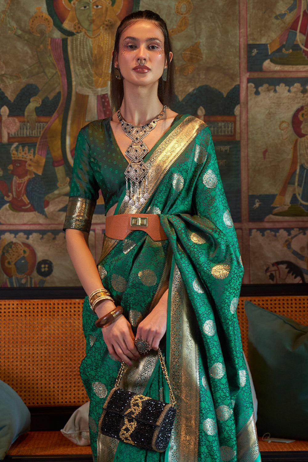 Emerald Green Satin Saree