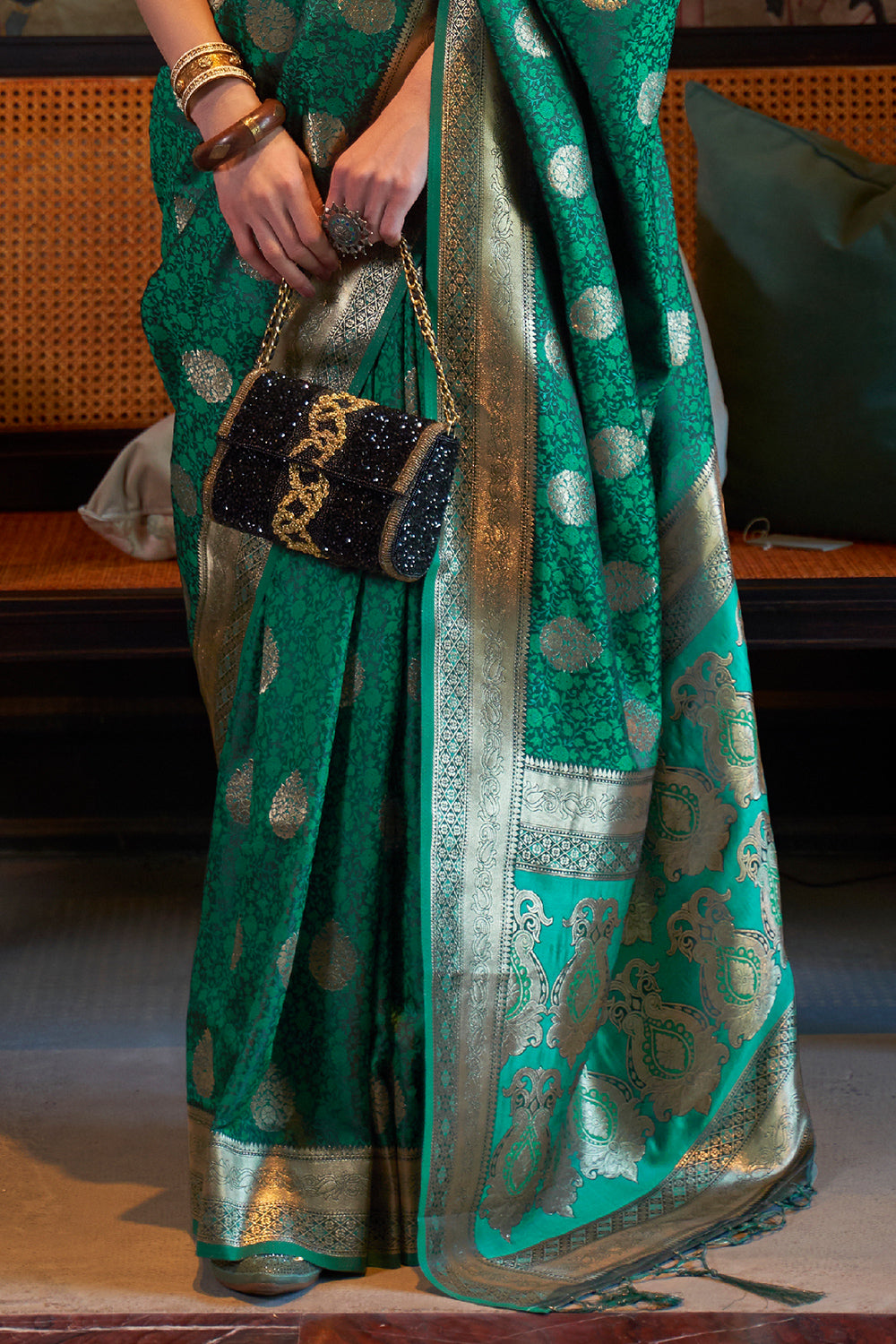 Emerald Green Satin Saree