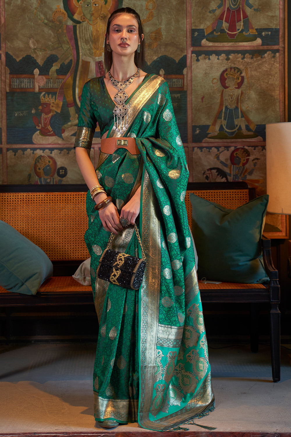 Emerald Green Satin Saree