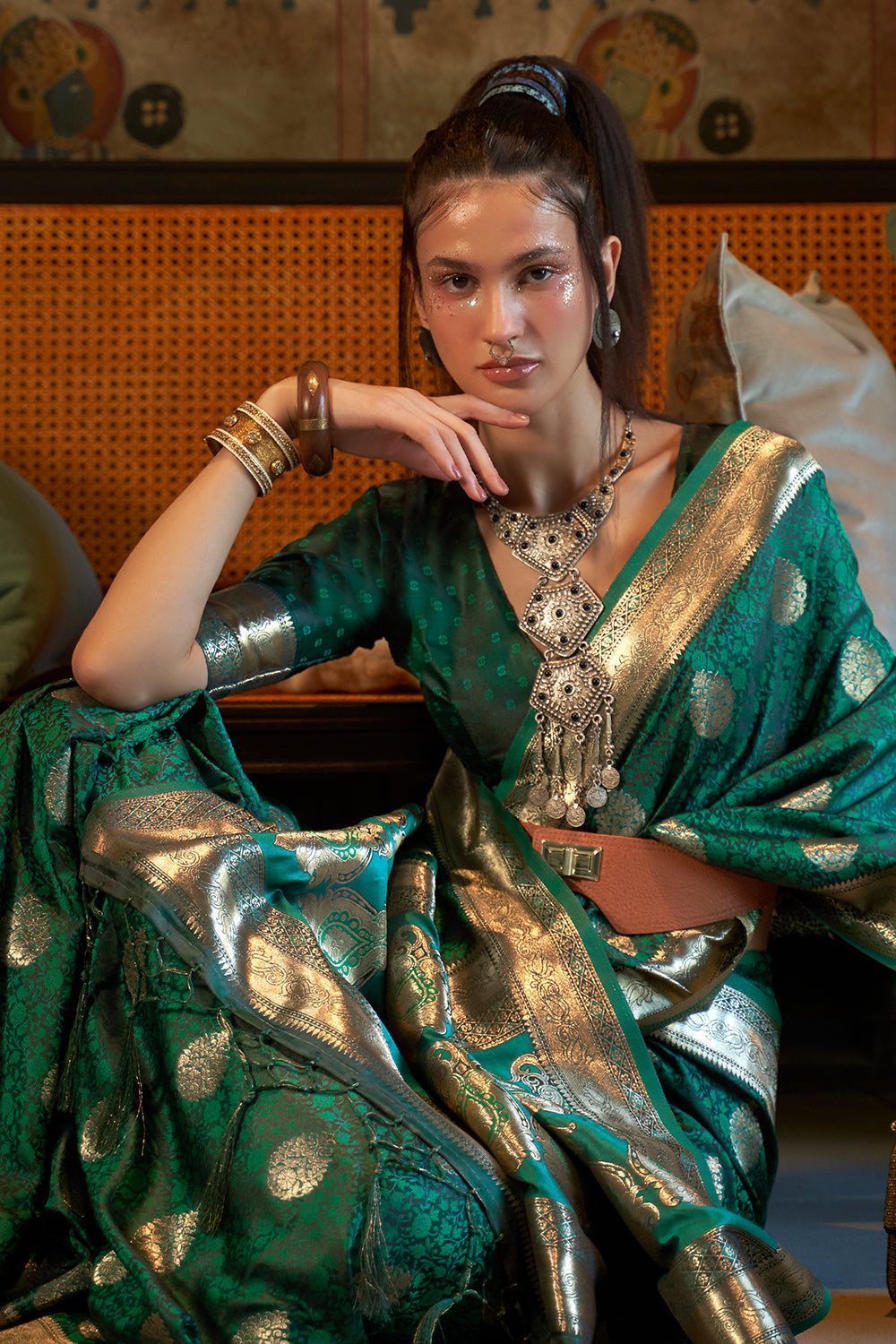 Emerald Green Satin Saree