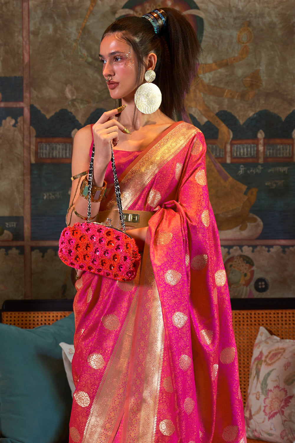 Thulian Pink Satin Saree