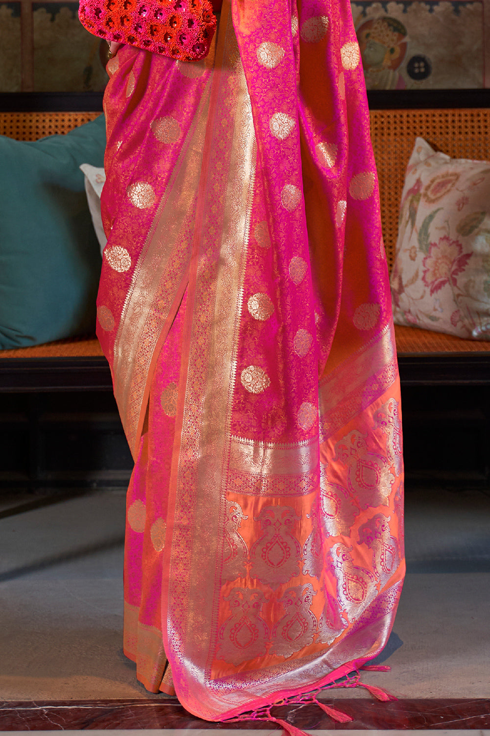 Thulian Pink Satin Saree